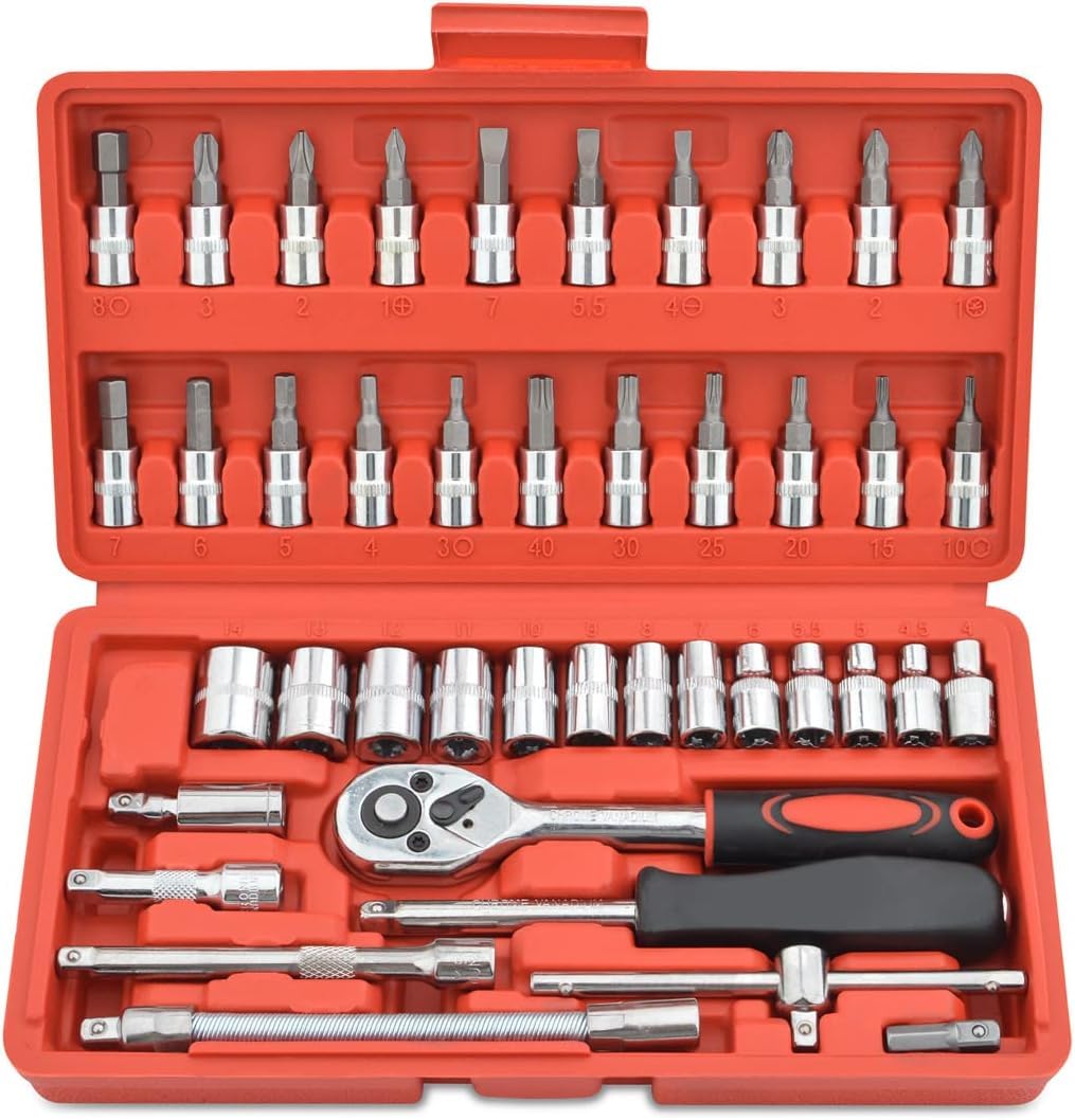 QUISTALA 46 Pieces 1/4 inch Drive Socket Ratchet Wrench Set, with Bit Socket Set Metric and Extension Bar for DIY, Auto Repairing and Household, with Storage Case