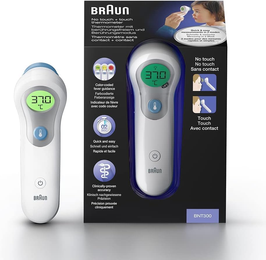 Braun No Touch + forehead thermometer (Position Check, color-coded fever guidance, fast measurement, backlit display, safe, hygienic, fast, clinically accurate, easy to use, for all ages), BNT300