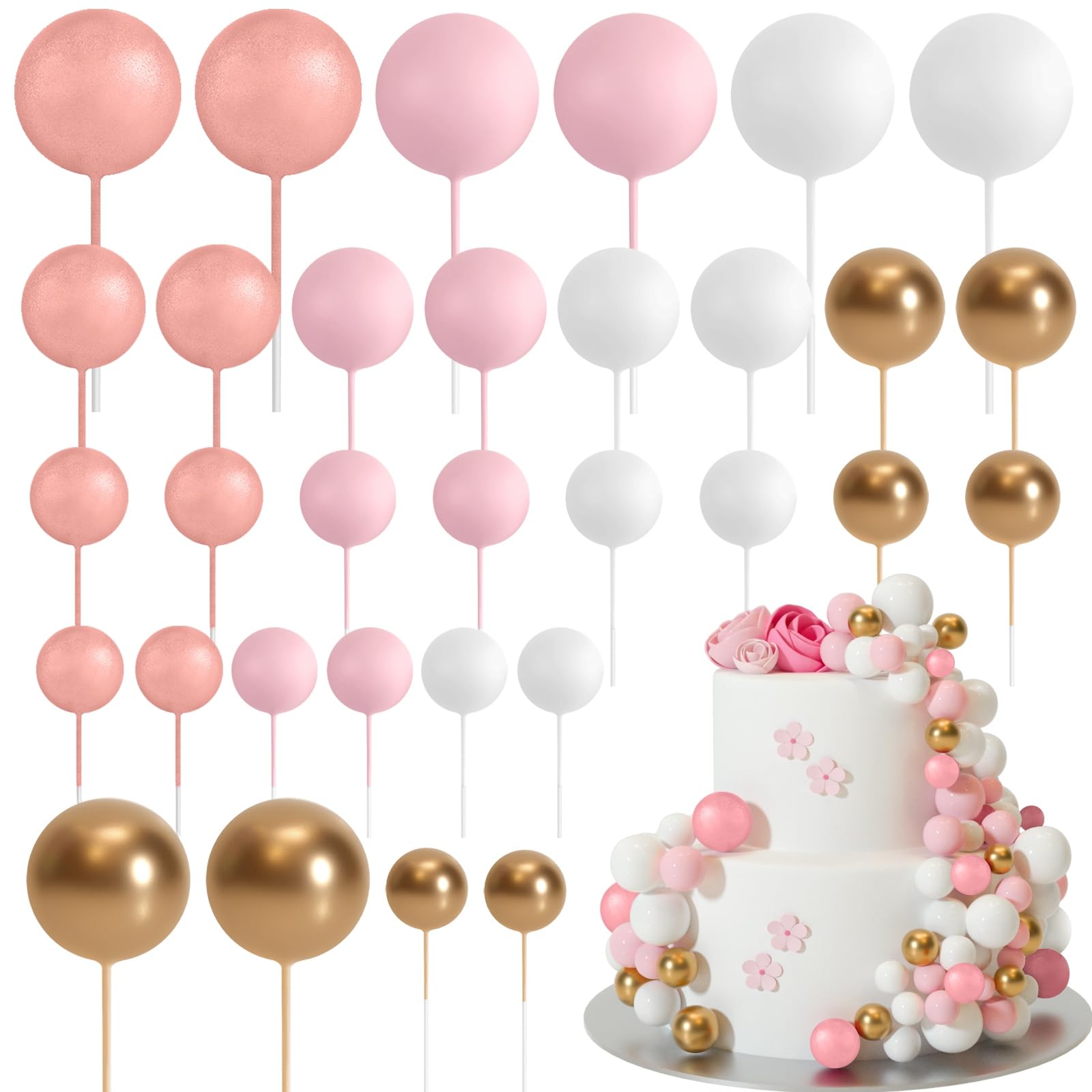 ASTARON 32 Pcs Ball Cake Topper Decorations Mini Balloons Cake Topper Sticks Foam Balls Cake Picks Cake Topper Balls Cake Decorations for Wedding Party Birthday Cake Decorations (Rose gold，Pink)