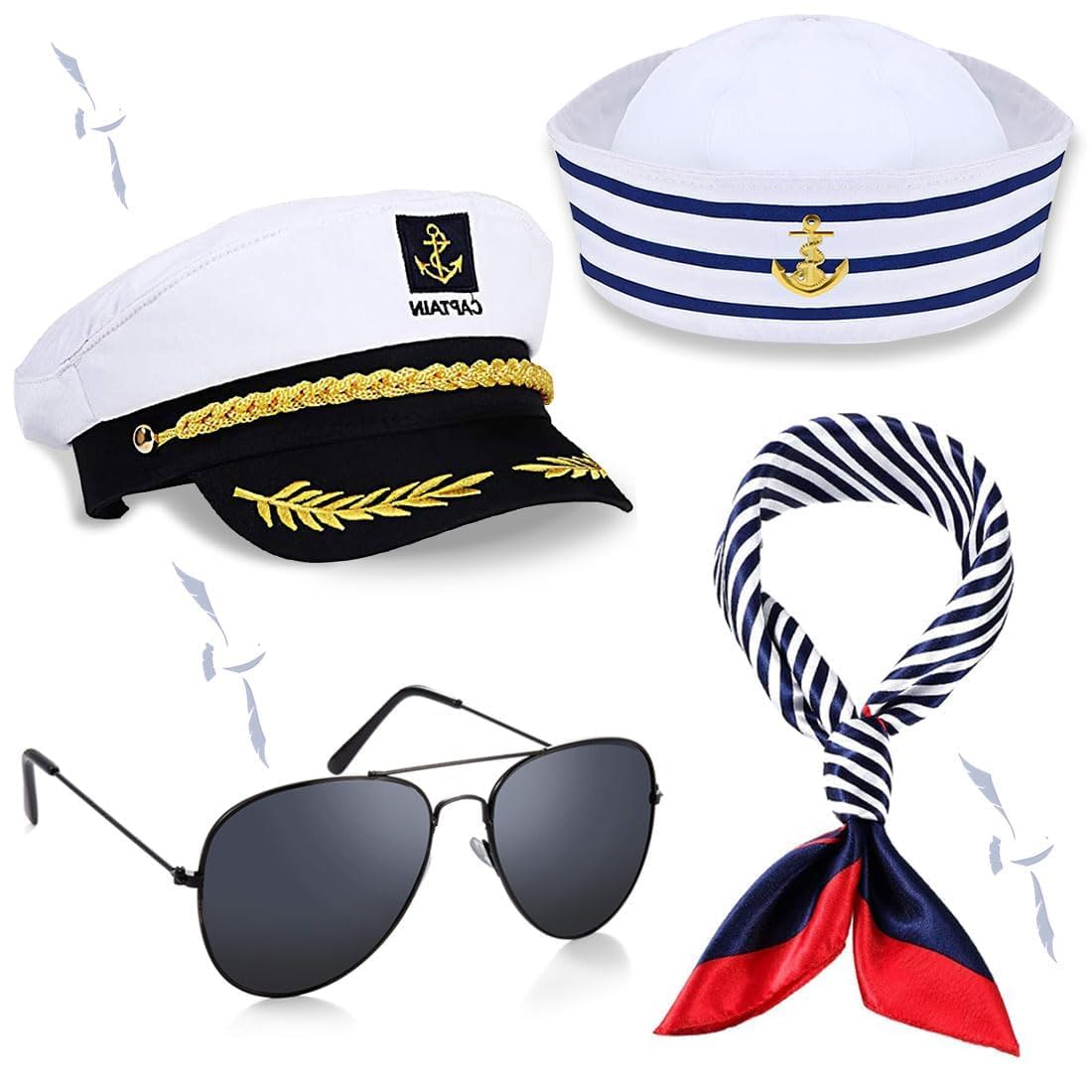 LBOYLOVE® 4 Pcs Sailor Costume Accessories, Sailor Hat, Captain Hat, Sunglasses and Scarf Set for Nautical Party and Cosplay Dressing Up, Sailor Costume, Halloween Party Cosplay Costume Accessories