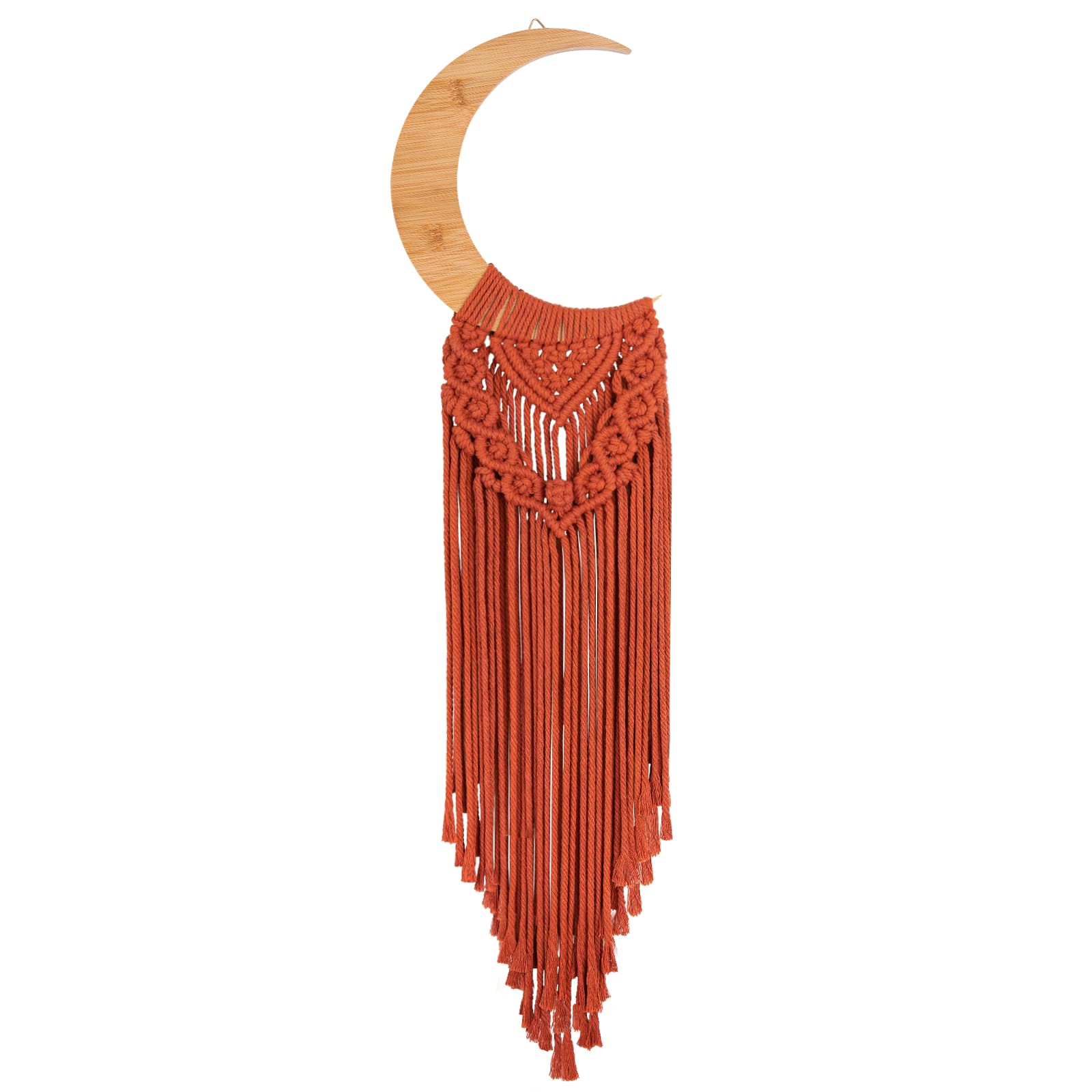 Macrame Wall Hanging Boho Moon Decor, Bohemian Crescent Moon Wooden Ornament with Long Tassel, Handmade Unique Wood Tapestry Home Art Decoration Wall Art for Dorm Bedroom Nursery Living Room