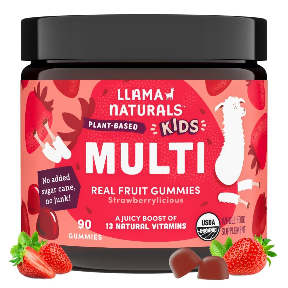 Llama Naturals Real Fruit Gummy Vitamins for Kids, No Added Sugar Cane, Beta Carotenes, Whole Food Multivitamin, Vegan Toddler Gummies, Plant Based, Organic, Chewable 90 ct (30-45 Days) Strawberry