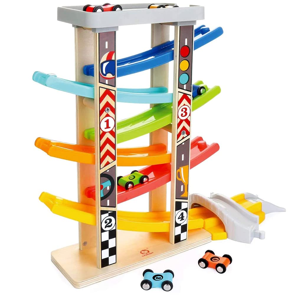 Milly & Ted Mega Wooden Race Track Car Ramp Racer & 6 Cars - Toddler Click Clack Racing Car Slider Toy - Suitable from 18 Months +