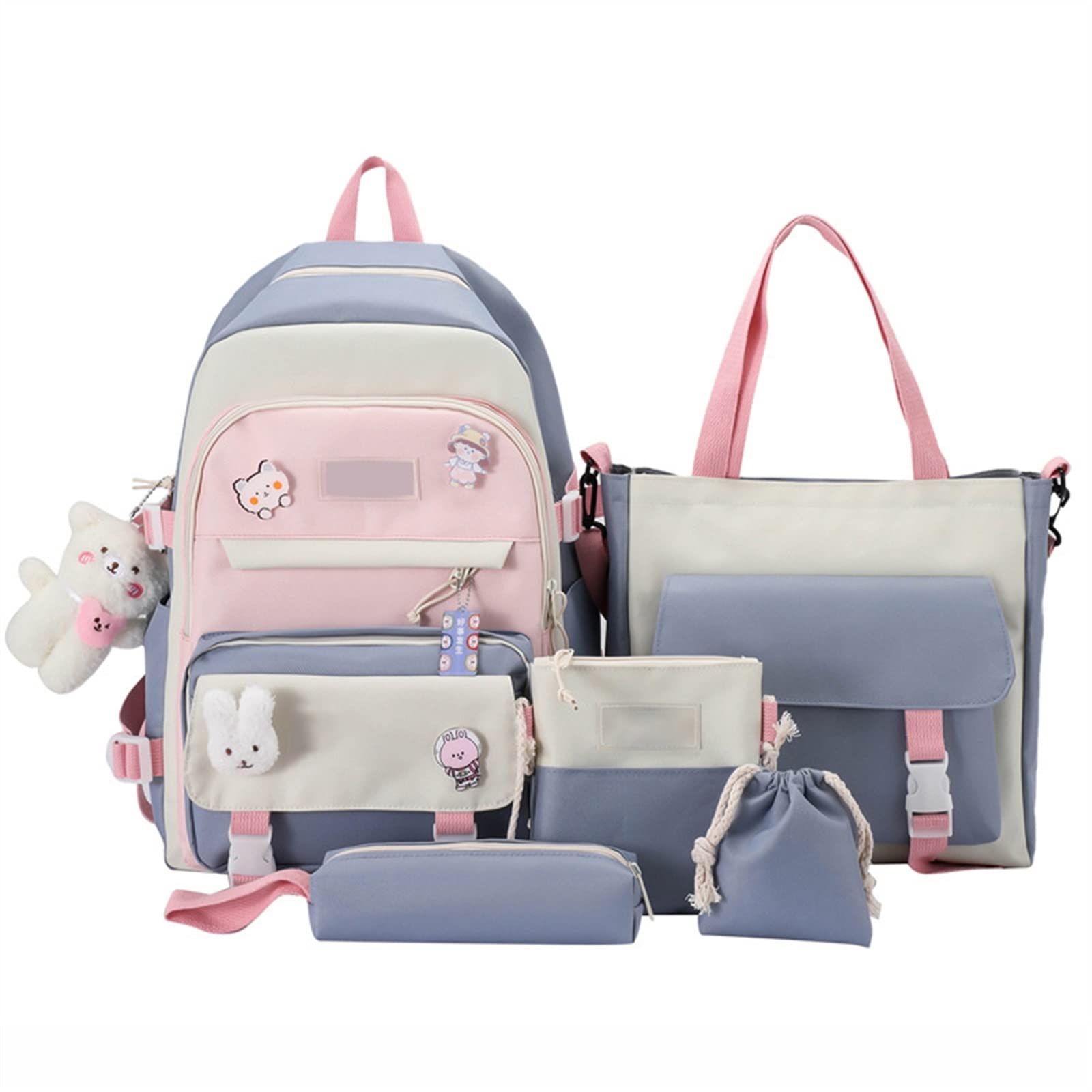 XTRANSFXTRANSF Kawaii Backpack 5pcs Set Aesthetic School Bags, Japanese Backpack with Badge & Pendant, Backpack Cute Aesthetic (E-Blue)