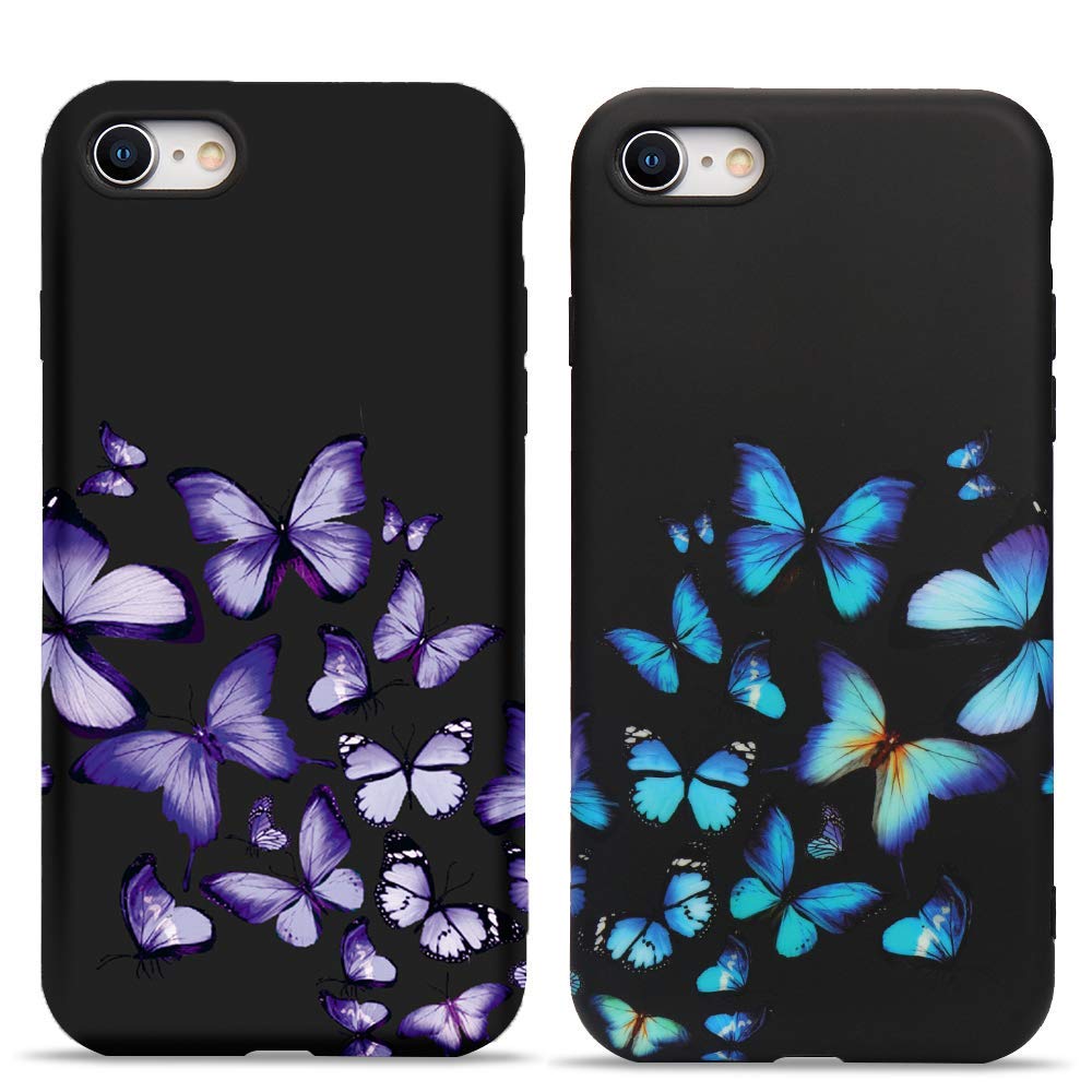 LLZ.COQUE 2 Pack for iPhone 7 iPhone 8 iPhone SE 2020 Cases for Women Cute Purple Bule Butterfly Pattern Aesthetic Phone Case for iPhone 7 iPhone 8 iPhone SE 2020, 2 pack