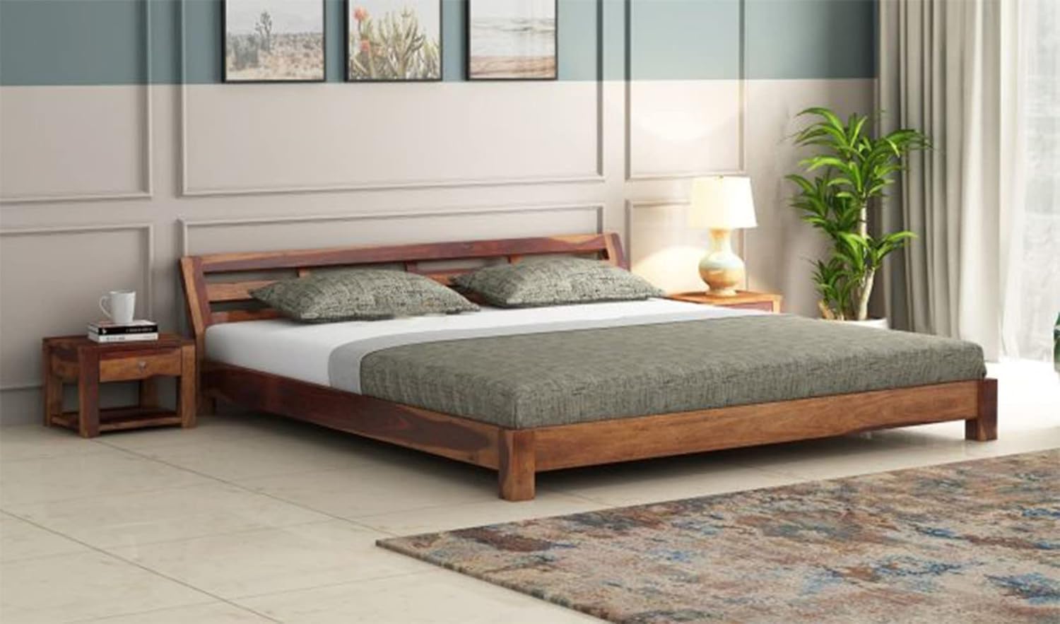 NAVYA FURNITURE Solid Sheesham Wood King Size Bed for Bedroom | Wooden Low Height King Size Bed Without Storage | Double Bed | King Size Bed|Low Floor/Level/Profile Cot Bedroom Furniture | Teak Finish