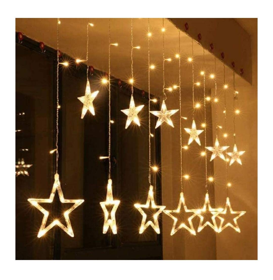 SIDDHIVINAYAK Star Led Curtain Decorative 138 Star Light 6 Big Star 6 Small Star with 8 Flashing Modes for Decoration (12 Star led net Pack of 1, Golden Yellow) with Box Packing (2)