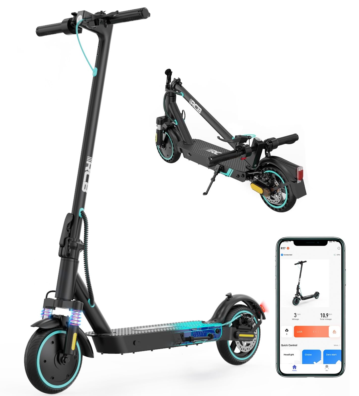 RCB Electric Scooter Adult,Long-Range E-Scooter,Max 25km/h,Comfortable Shock Absorption,APP Connectivity,Foldable, Safe Braking System,LED Display,Gift for Adults and Teenagers! R17