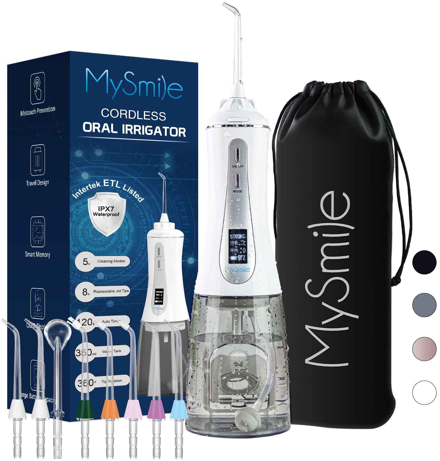 MySmilePowerful Cordless 350ML Water Dental Flosser Portable OLED Display Oral Irrigator with 5 Pressure Modes 8 Replaceable Jet Tips and Storage Bag for Home Travel Use (White)