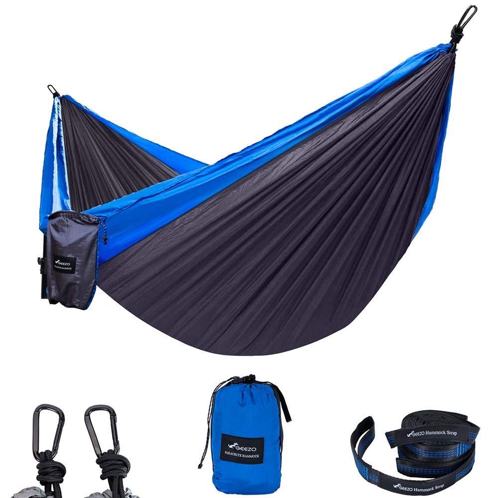 Geezo Double Camping Hammock, Lightweight Portable Parachute (2 Tree Straps 16 LOOPS/10 FT Included) 500lbs Capacity Hammock for Backpacking, Camping, Travel, Beach, Garden (Black Blue)