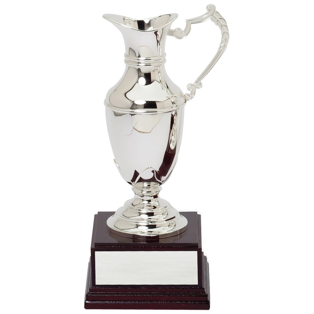 Customizable 10 Inch Nickel Plated Silver Claret Jug Trophy on a Rosewood Base, Includes Personalization