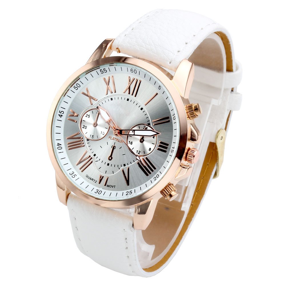 Top PlazaFashion Women's Analog Watch, PU Leather Band Rose Gold Tone - White