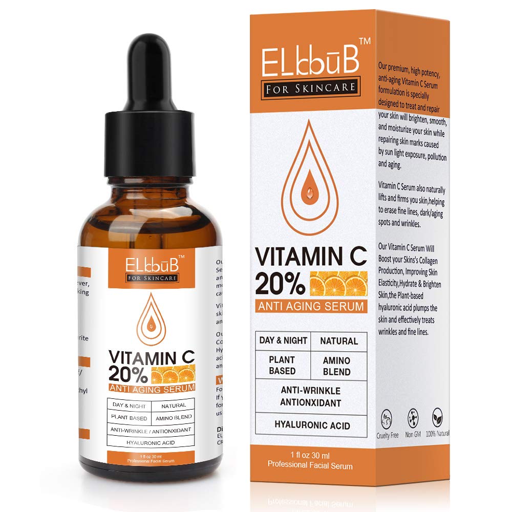 ELBBUBPremium 20% Vitamin C Serum For Face with Hyaluronic Acid, Retinol & Amino Acids - Boost Skin Collagen, Brighten Hydrate & Plump Skin, Anti Aging & Wrinkle Facial Serum