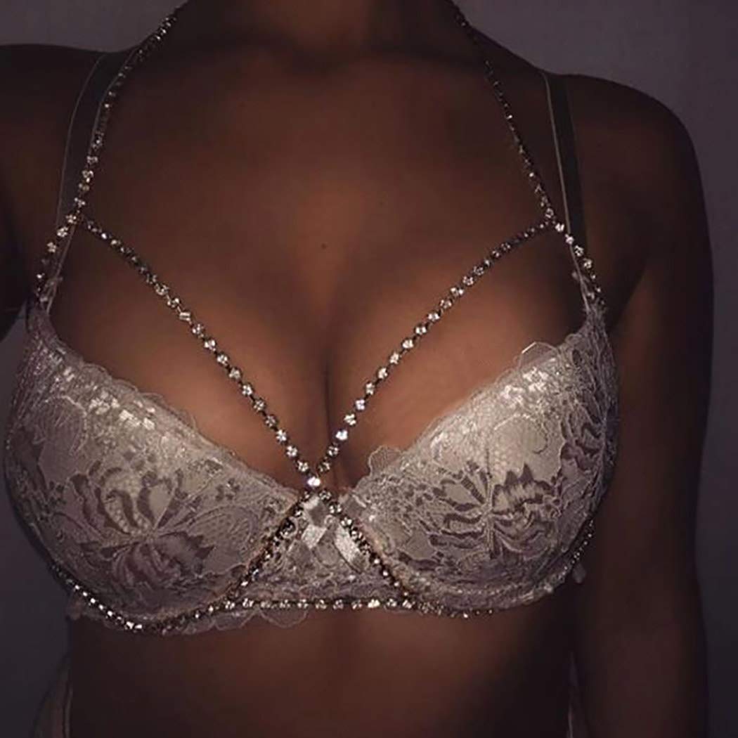 Woeoe Rhinestone Silver Body Chain Crossover Crystal Bar Chains Sexy Bikini harness Nightclub Beach Body Accessories Jewelry for Women and Girls