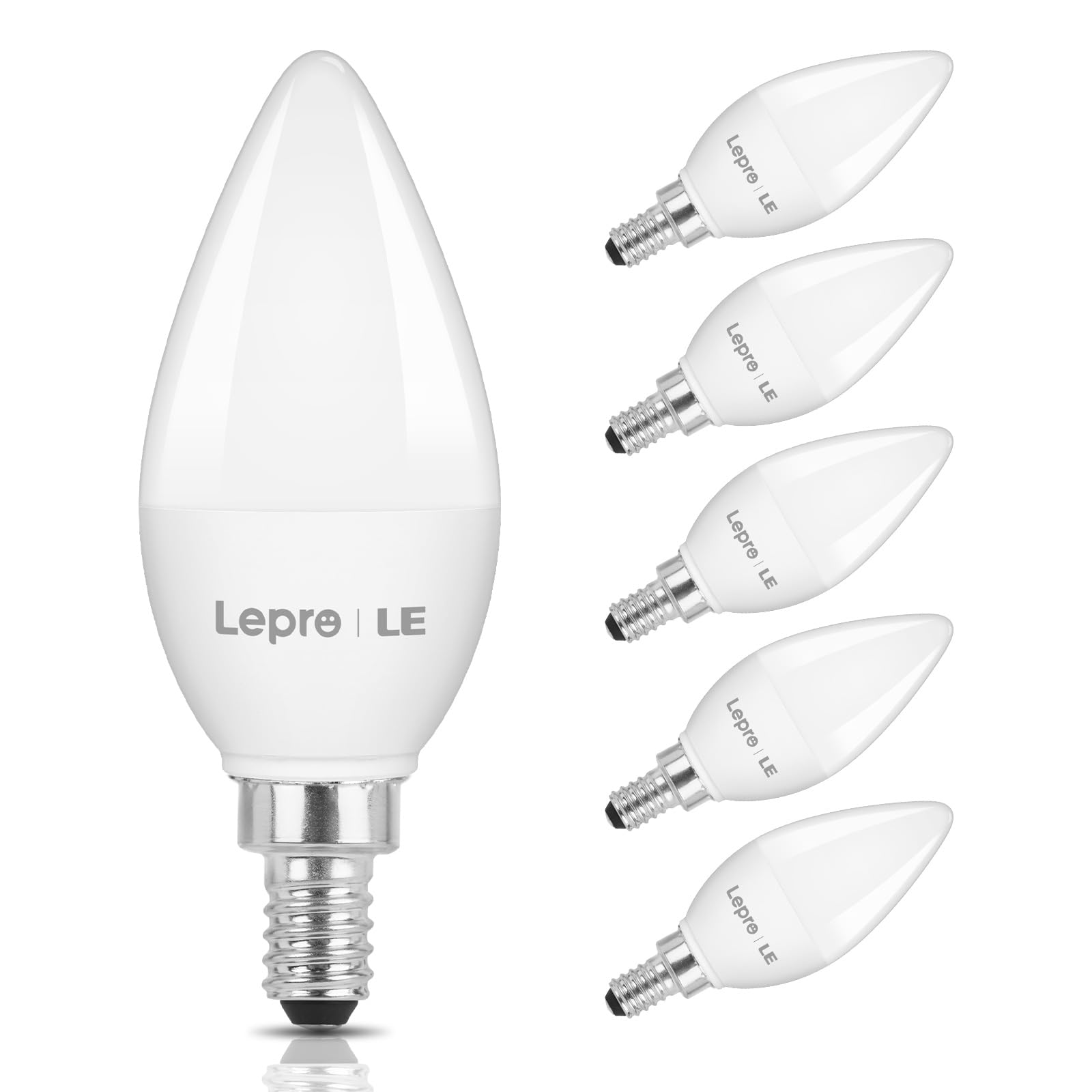 Lepro E12 LED Candelabra Light Bulbs, 5000 Kelvin Daylight White 5.5 watt, 40 watt Equivalent B11 C37 Ceiling Fan Bulb Chandelier Bulbs, Type B Small Base Candle Lights, Plastic, Not-dimmable, 6-Pack