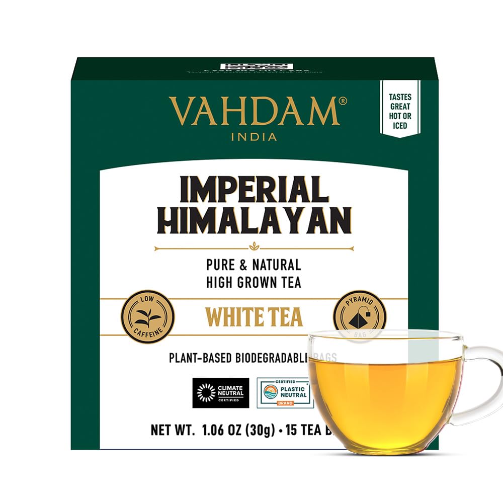 VAHDAM, Imperial Himalayan White Tea Bags (15 Count) Low Caffeine, Non GMO, Gluten Free | Handpicked Harvest From High Elevation Estates | Individually Wrapped Pyramid Tea Bags | Direct from Source