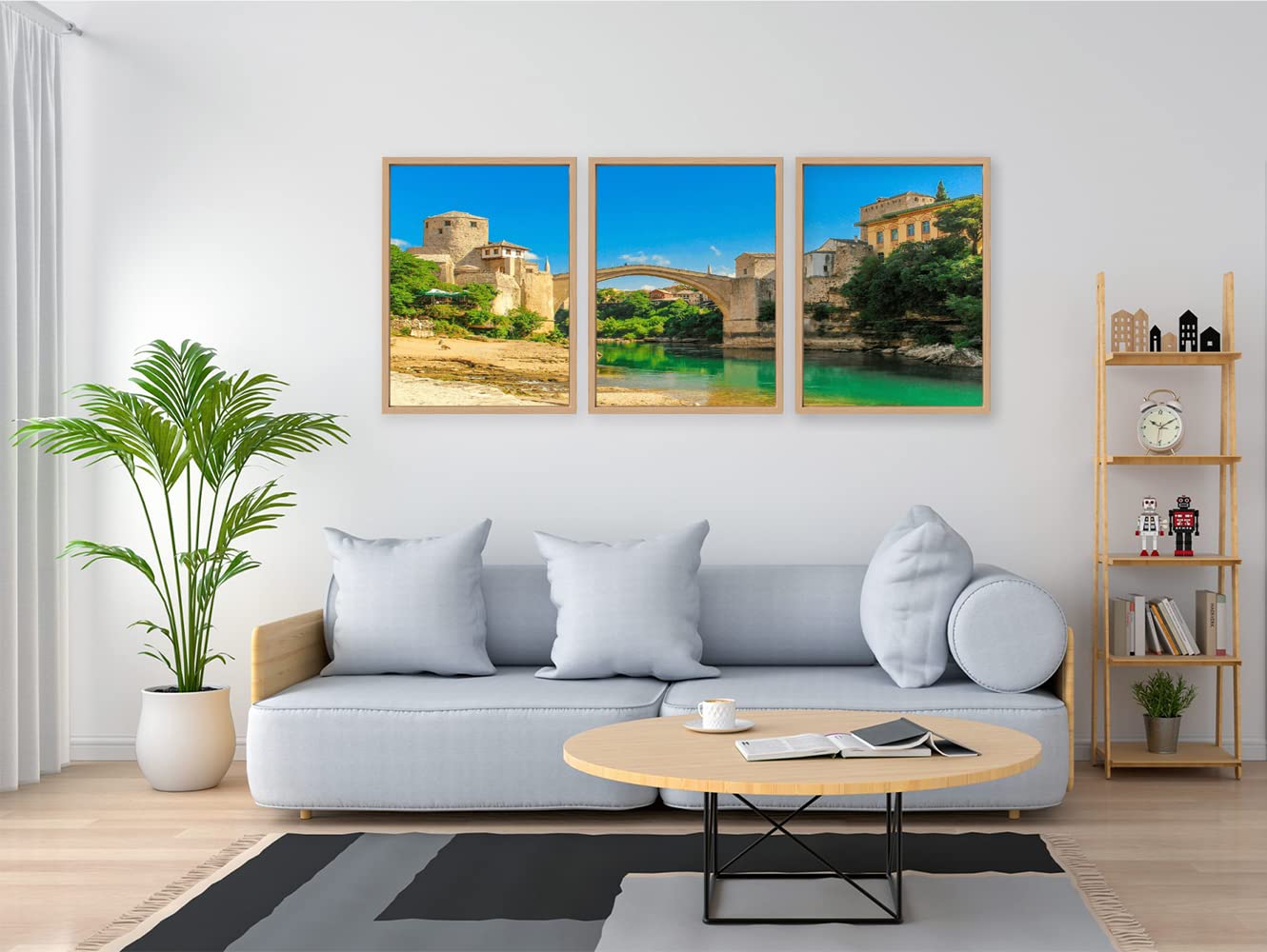 VERRE ART Wooden Floater Framed Canvas - Wall Decor for Living Room, Bedroom, Office, Hotels, Drawing Room (46in X 27in) - Old Bridge View From Neretva