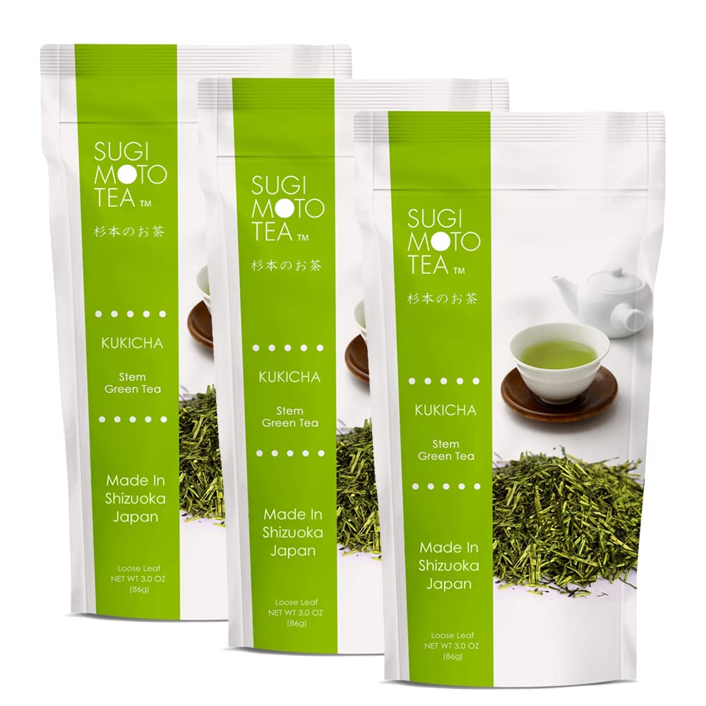 SUGIMOTO TEAJapanese Kukicha Stem Green Tea Loose Leaf 3.0 oz (86 g) Pack of 3, High L-Theanine Low Caffeine Twig Tea Made in Shizuoka Japan