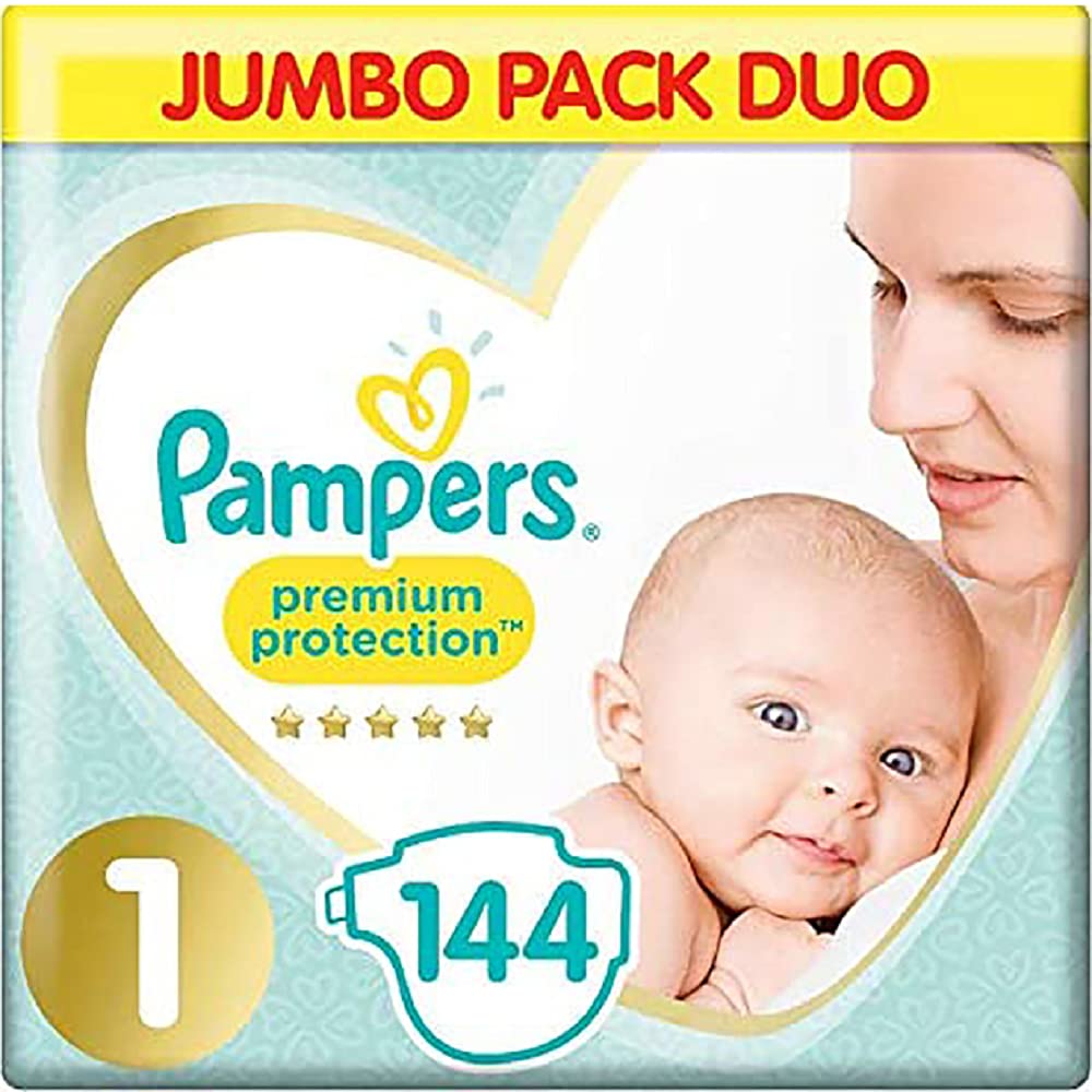 Pampers Baby Nappies Size 1 (2-5 kg / 4-11 lbs) Premium Protection,�(New Baby),�144 Count, JUMBO PACK DUO, Baby Essentials For Newborn