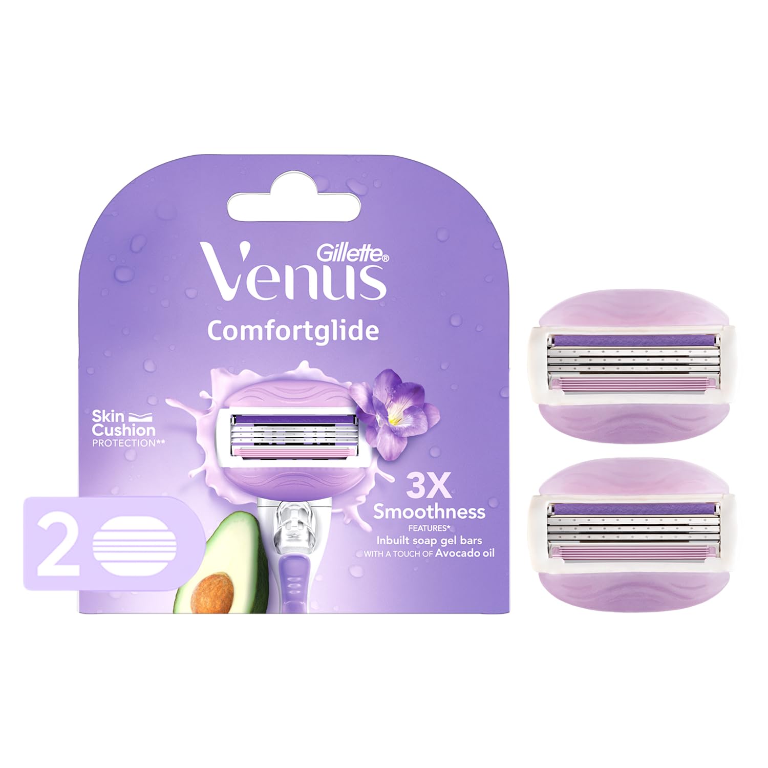 Gillette Venus Comfortglide Hair Removal Razor Blades / Refills / Cartridges | 2 Pcs | for Women | (Avocado Oils & Freesia scent soap gel bars)