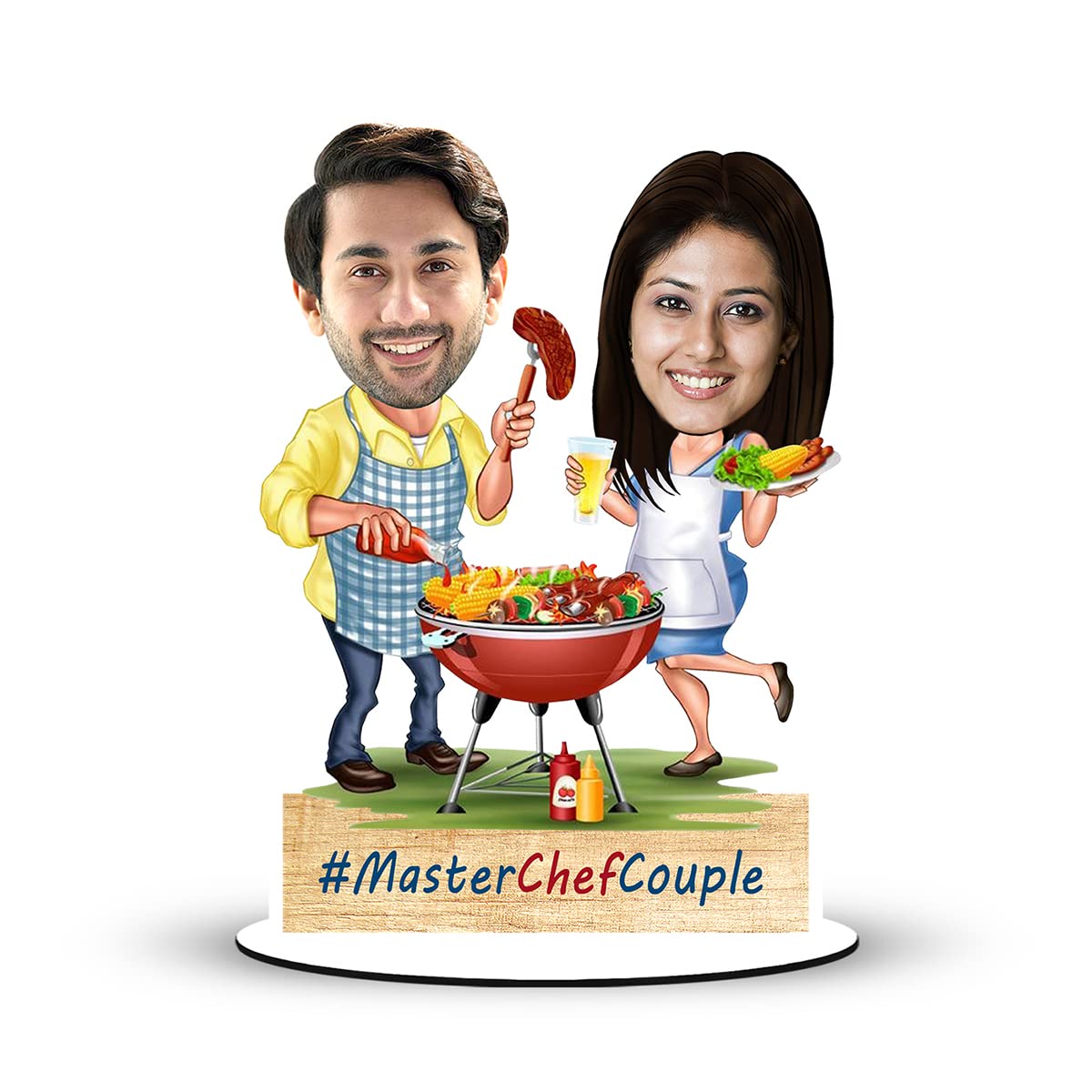 Foto Factory Gifts® Personalized Caricature Gifts for Couple doing Barbeque Cooking (wooden_8 inch x 5 inch) CA0238