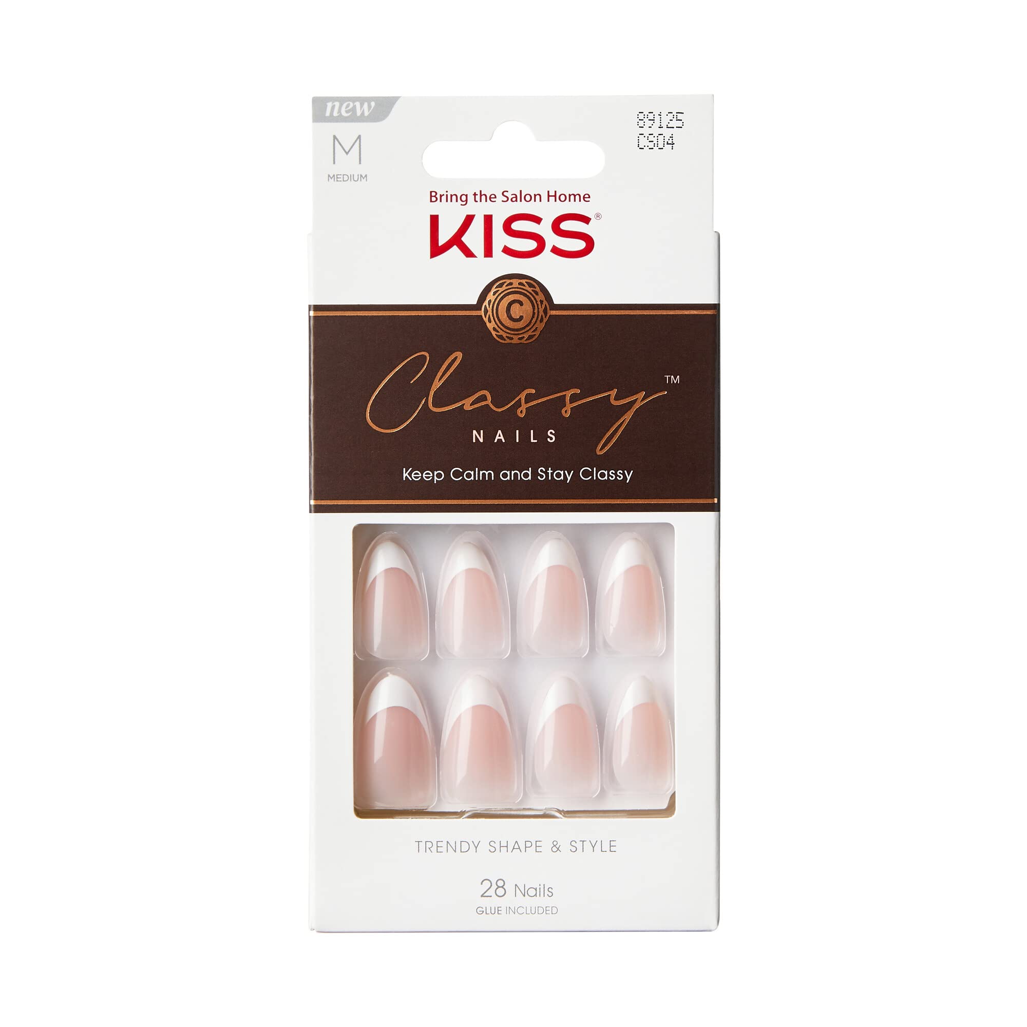 KISS Classy Press On Nails, Nail glue included, 'Dashing', Light White, Medium Size, Almond Shape, Includes 28 Nails, 2g glue, 1 Manicure Stick, 1 Mini File