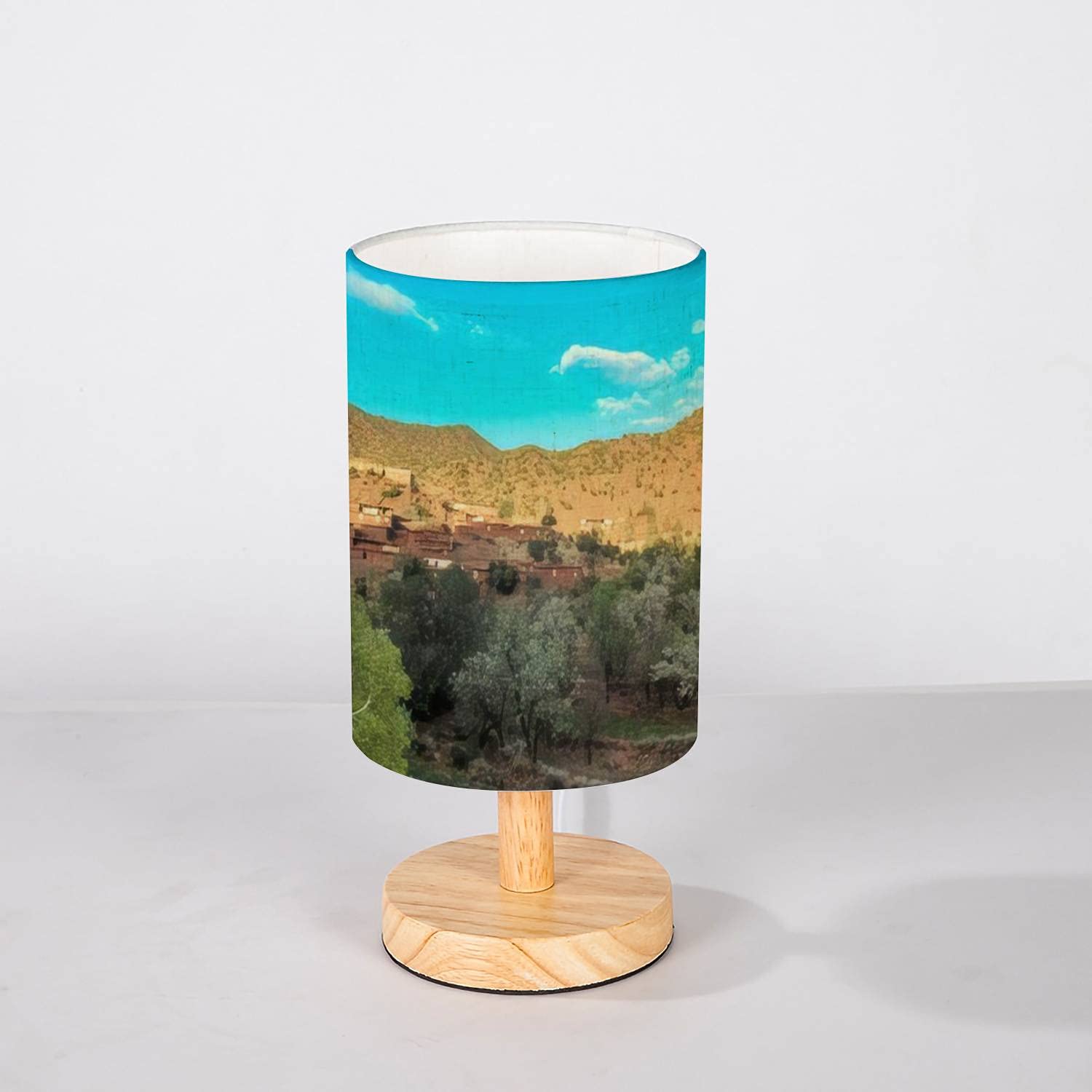 Minimalist Bedside Table Lamp Morocco taroudant;10/02/2020 argana taroudant Mountains Blue Sky Solid Wood Nightstand Lamp Bedside Desk Lamp Wood Base Flaxen Fabric Shade for Bedroom Living Room