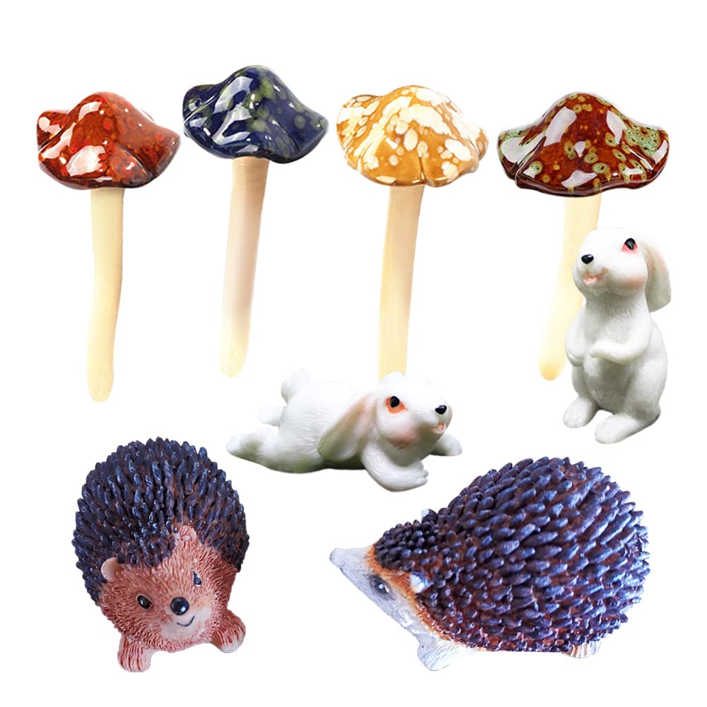 FullHappy Garden Decor Sculptures Statues for Outside, Fairy Garden Accessories Garden Decorations Outdoor, Plant Pots Décor Statues, Little Hedgehogs Rabbits with Colorful Mushrooms, Random Colors