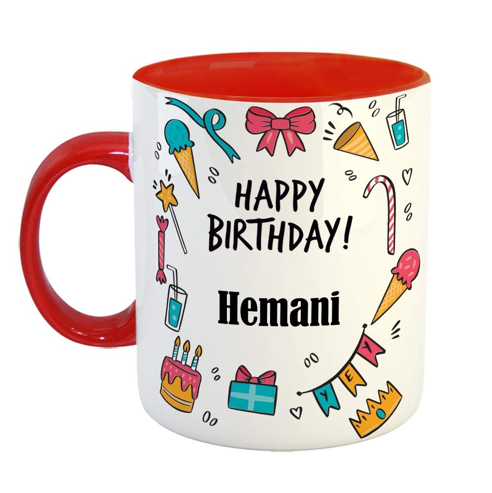 FurnishFantasy Ceramic Coffee Mug - Best Gift for Happy Birthday Mug , Color - Red, Name - Hemani