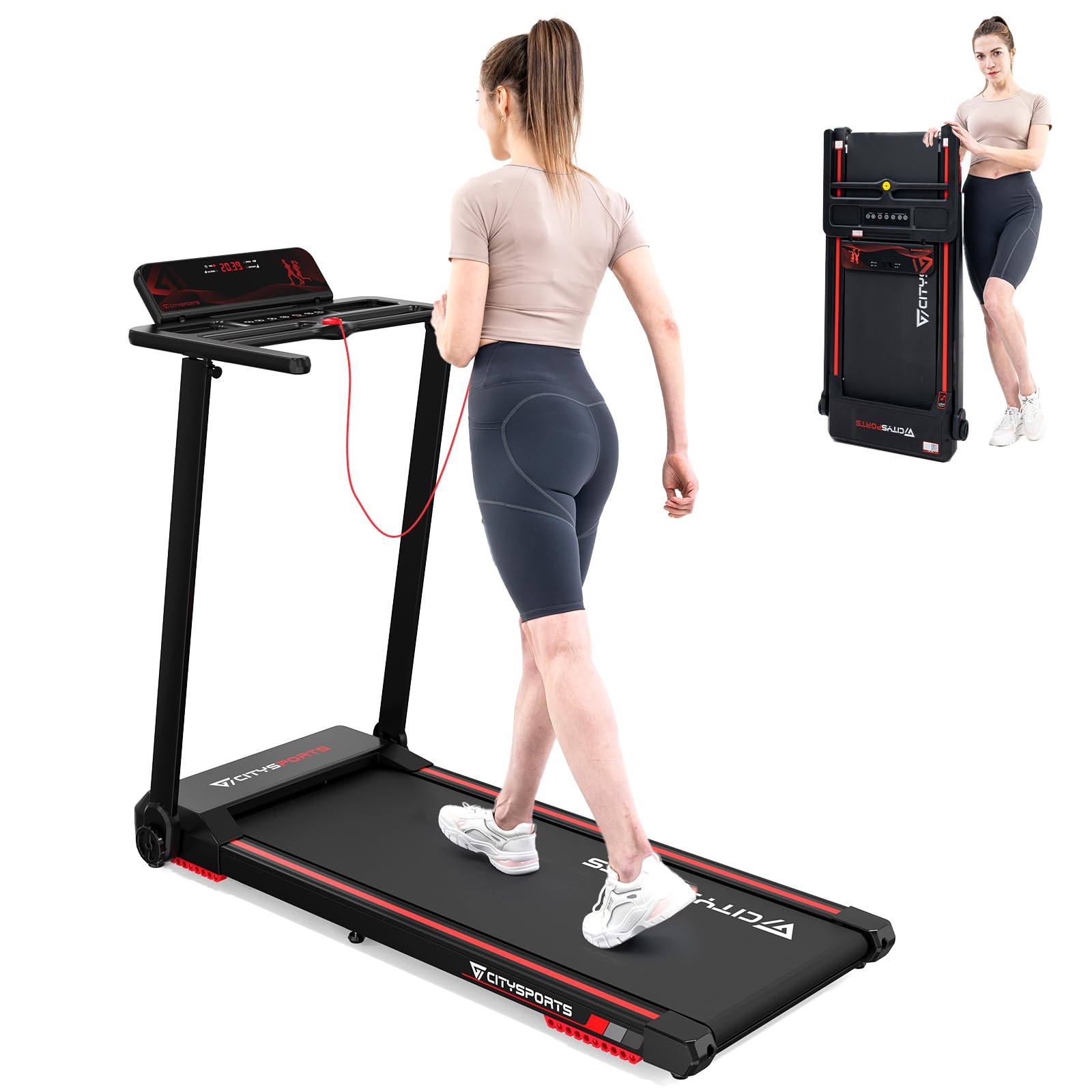 CITYSPORTS Folding Motorized Electric treadmill, Foldable Walking Running Machine,2.0HP, for Home,Bluetooth Speaker,LED Display & Fitness App,Phone Holder,Adjustable Speeds 0.6-7.8 MPH (Black Red)