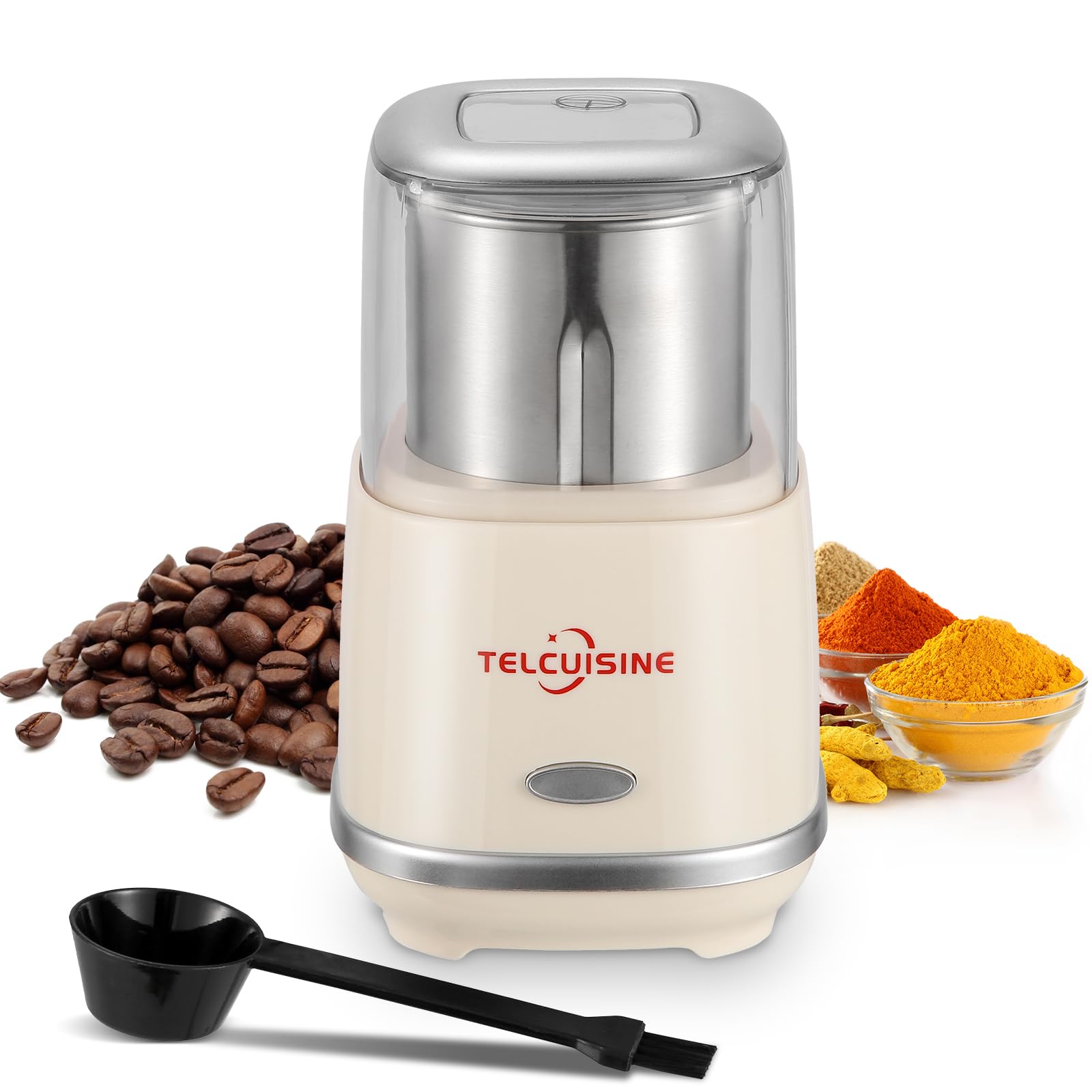 Telcuisine Coffee Grinder Electric, 200ml Spice Grinder with 304 Stainless Steel Blades for Beans, Nuts, Herbs, Grain and Salt, Coffee Espresso Grinder with Cleaning Brush, 200W