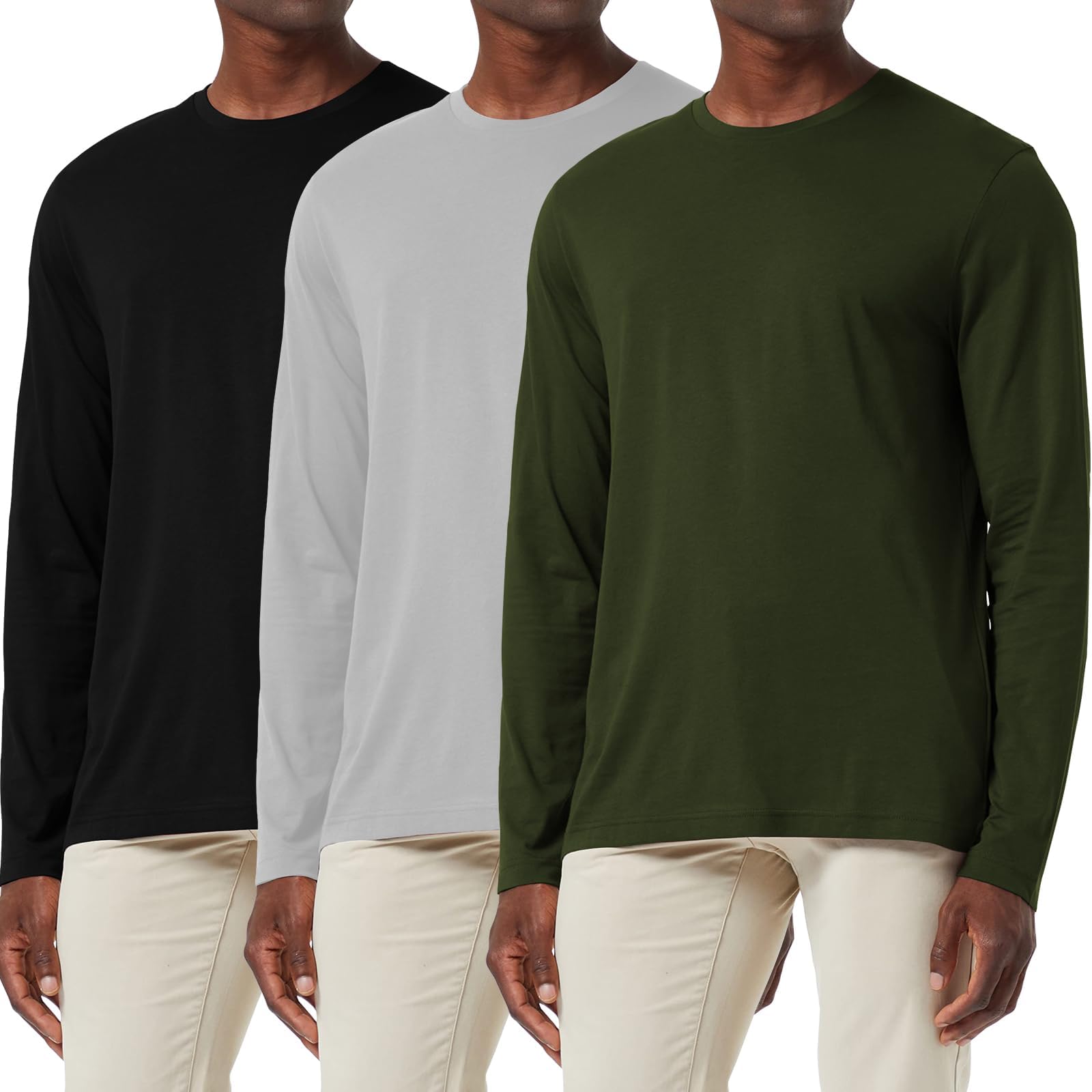 3 Pack Men's Cotton Shirt Loose Fit Long Sleeve T-Shirt Moisture Wicking Crew Neck Shirts Comfort Casual Base Layer Tops