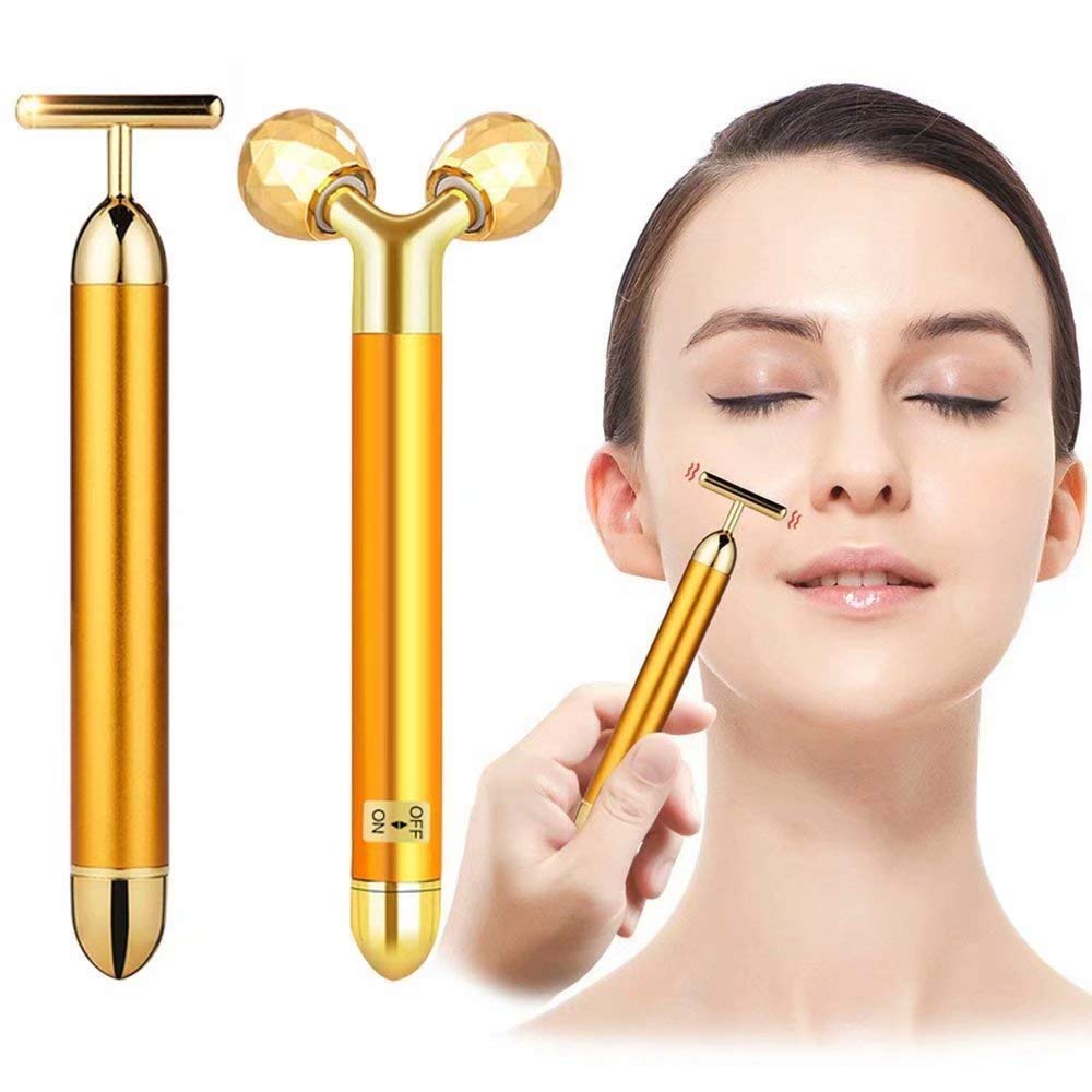 Anti Aging Face Massager, Beauty Bar 24k Golden Pulse 3D Roller Stick Massager, Face Lift Tool Firming Electric Sonic Depuffer Body Face Massager for Wrinkles Removal & Facial Skin Tightening