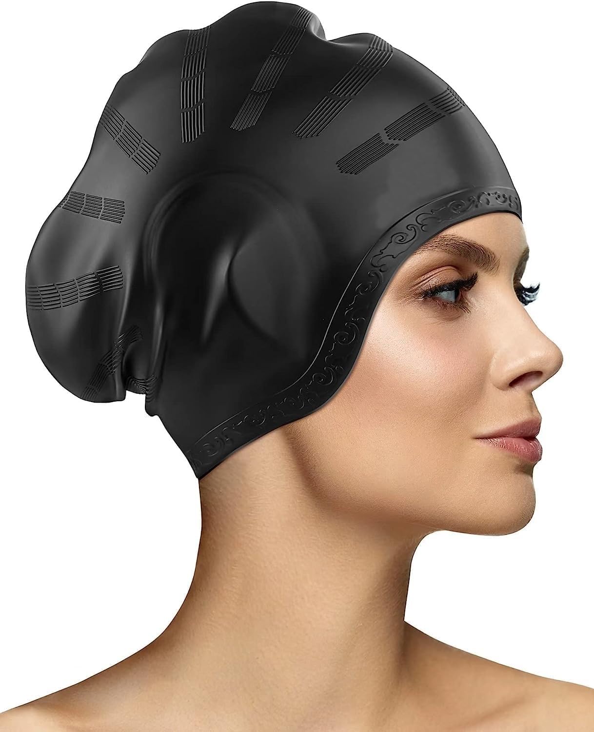 Rylan Latest Designed Long Hair Swim Cap,Waterproof Silicone Swimming Cap for Adult Woman and Men,Keeps Hair Clean with Ear Protector Fresh Long Lasting Silicone Made Waterproof Swimming Cap (Black)