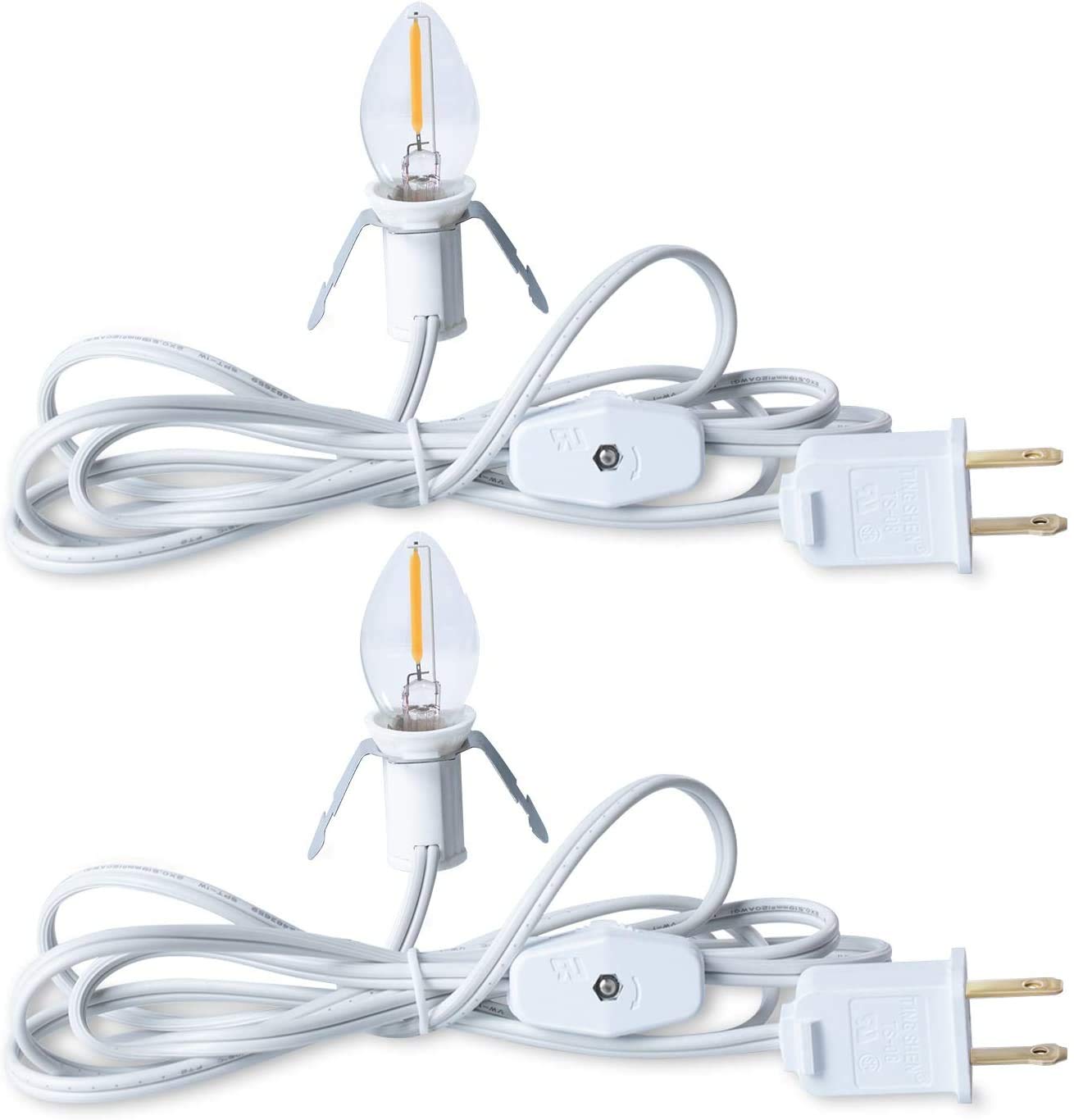 Accessory Cord with One C7 Led Light Bulb - 6 Ft. UL Listed White Cord with On/Off Switch Plugs, Candelabra-Base E12 Socket, for Holiday Decorations, Christmas Village House, Pumpkin Lights