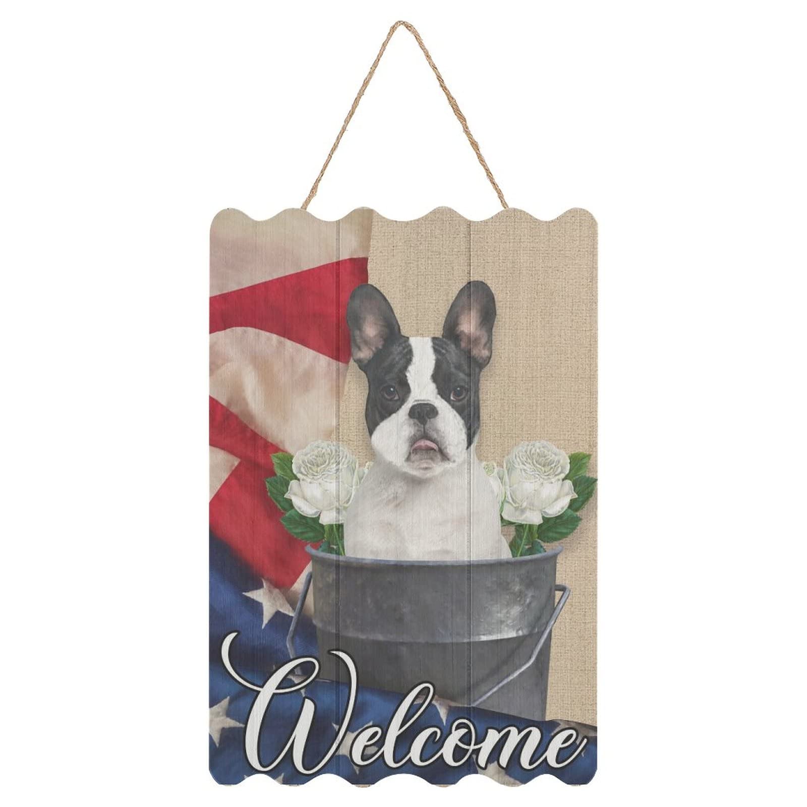 4Th of July Decor Wood Sign 8×12 Inch, Welcome Boston Terrier National Flag Rustic Farmhouse Wood Signs Home Wall Art Decor Wood Plaque Sign Front Porch Door Wall