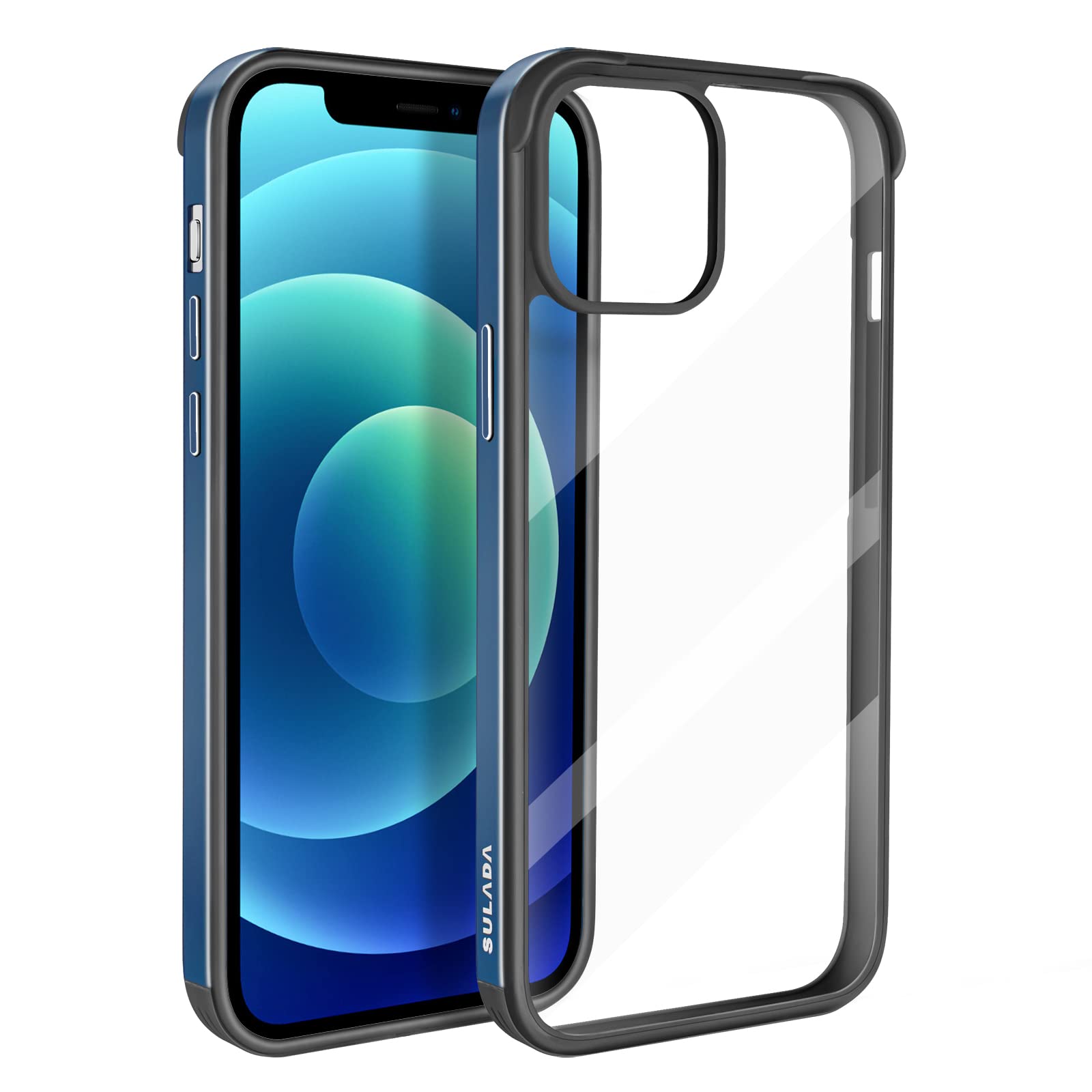 ASOBEAGE Mobile Phone Cases & Cover Metal Frame Shockproof Slim Scratch Resistant Non-Yellowing Transparent for iPhone 12/iPhone 12 Pro (Dark Blue)