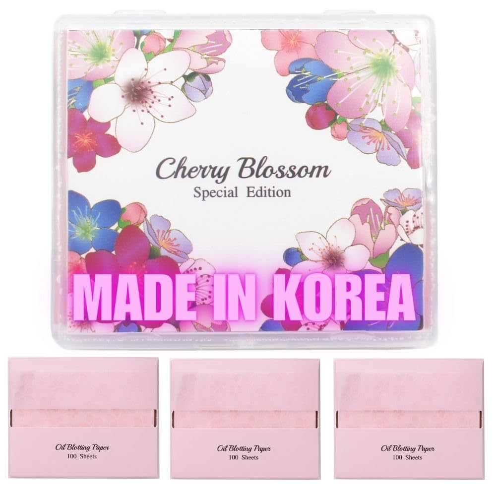 [400 Counts + Mirror Case] Cherry Blossom Natural Oil Blotting Paper for Face with Mirror Compact and Refills