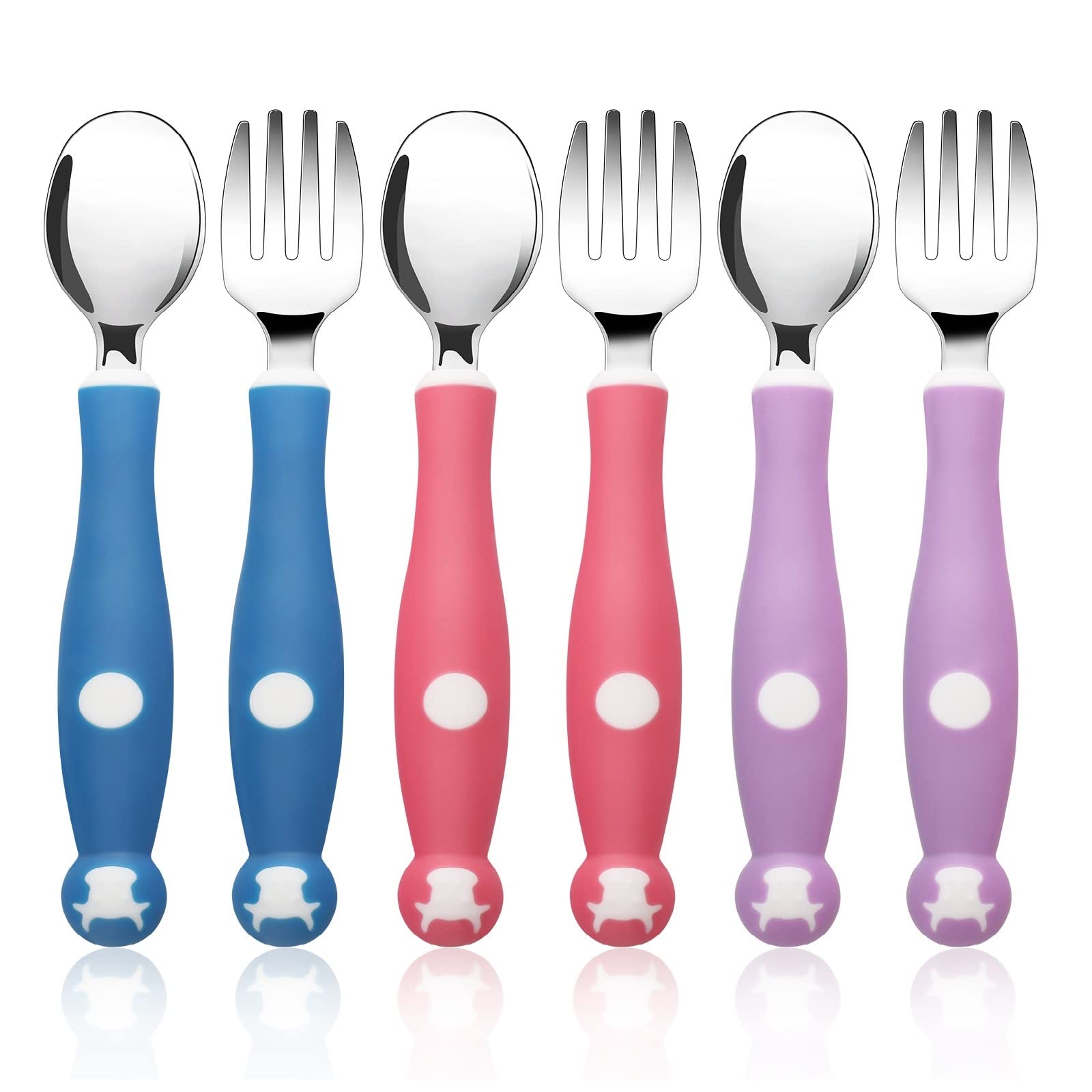 Pimoys 6 Pieces Toddler Utensils Kids Silverware with Silicone Handle, Children Safe Forks and Spoons Set, 316 Stainless Steel & Food Grade Silicone