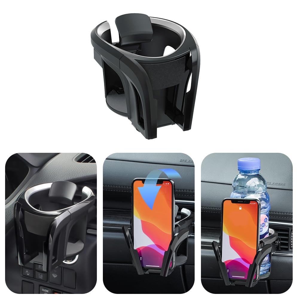 Car Cup Holder for Vent,[Innovative Design] 2-in-1 Multifunctional Car Drink Holder + Phone Holder for Car Vent,Universal Car Interior Accessories for Holding Bottle Mug Coffee Phone (Black)