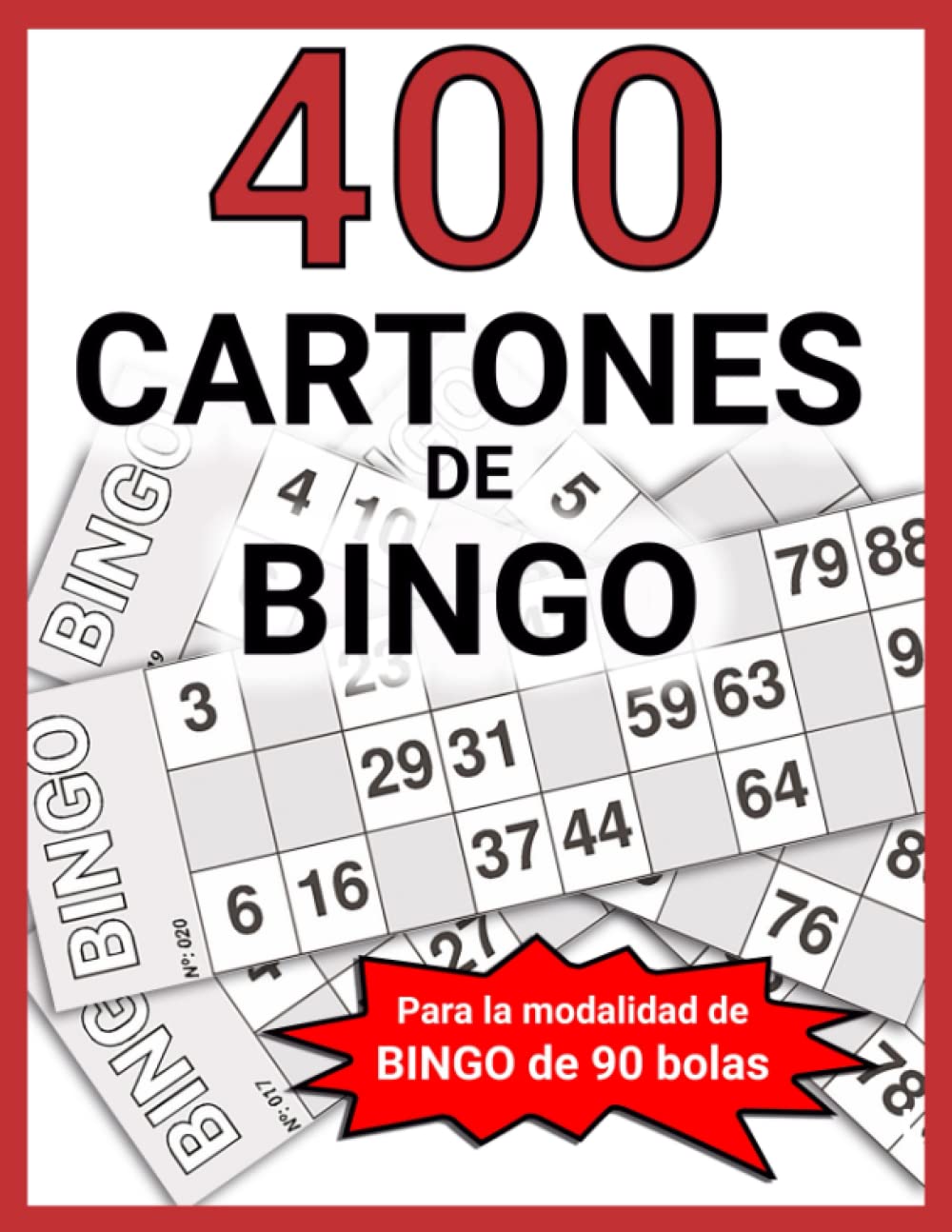 400 cartones de bingo 90: Este juego de cartones incluye 400 cartones de papel con 27 cuadros en los que hay 15 números. Todos los cartones tienen una ... aleatoria diferente. (Spanish Edition)