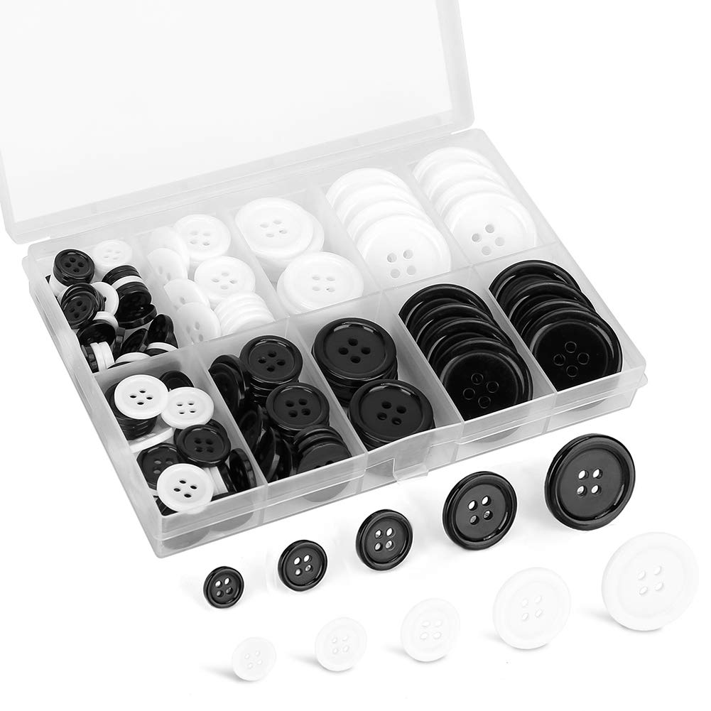 Mixed Sewing Buttons 160Pcs, Round Black 4-Hole Craft Buttons, 5 Sizes White Resin Button, with Separate Compartment Storage Box, Suitable for Sewing, Craft Projects and Holiday Decoration