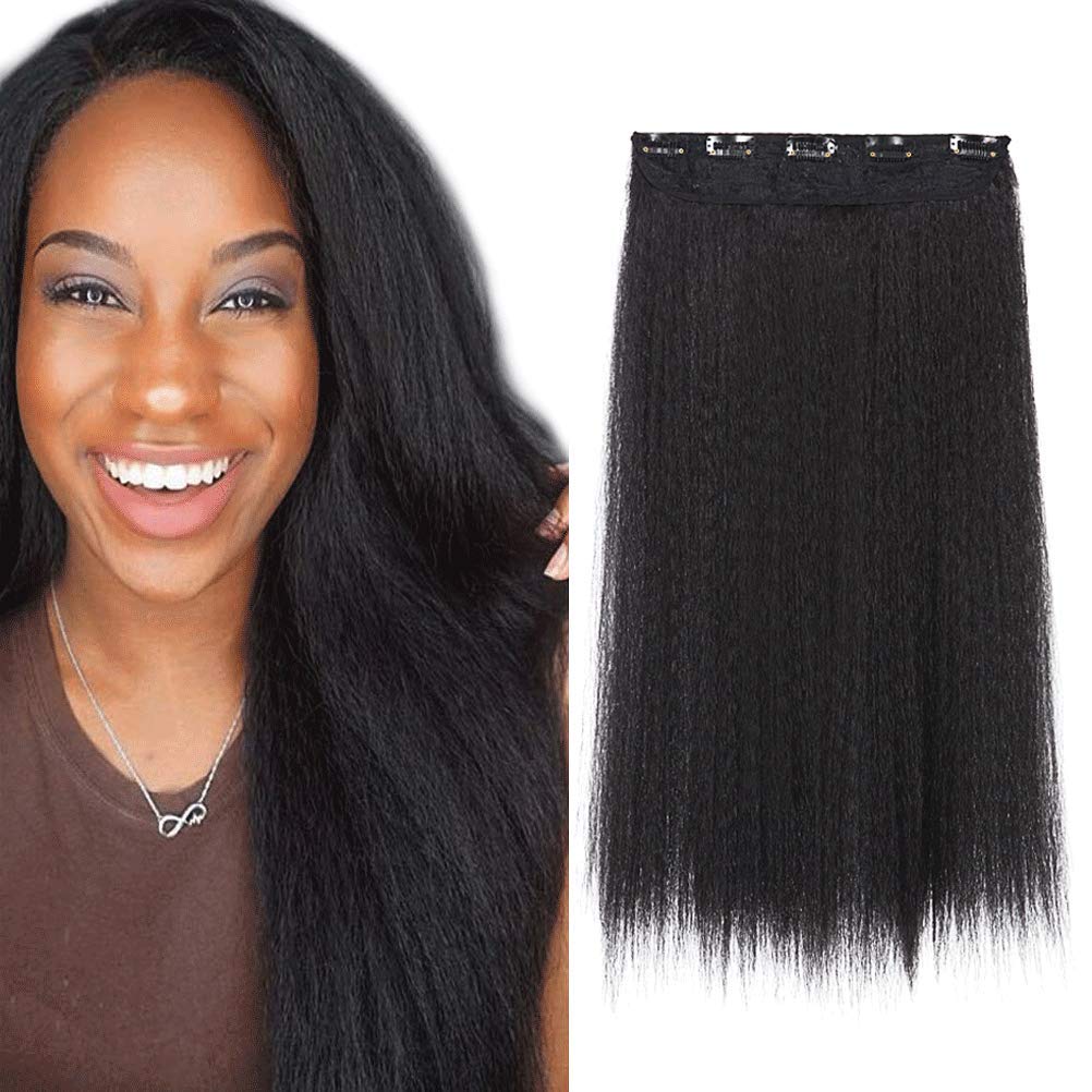 DOCUTE African American Yaki Clip In Hair Extensions One Pieces For Black Women, 20inch Thick Yaki Straight Hair Pieces 1 Pcs With 5 Clips Black Curly Hairpieces