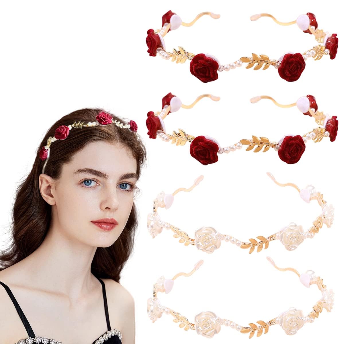 4 Pcs Rose Hairband for Women,Metal Non Slip Flower Headband, Bride Bridesmaids Wedding Headpiece,Red Tiaras Crystal Rhinestone Pearl Headwear,Rose Hair Band