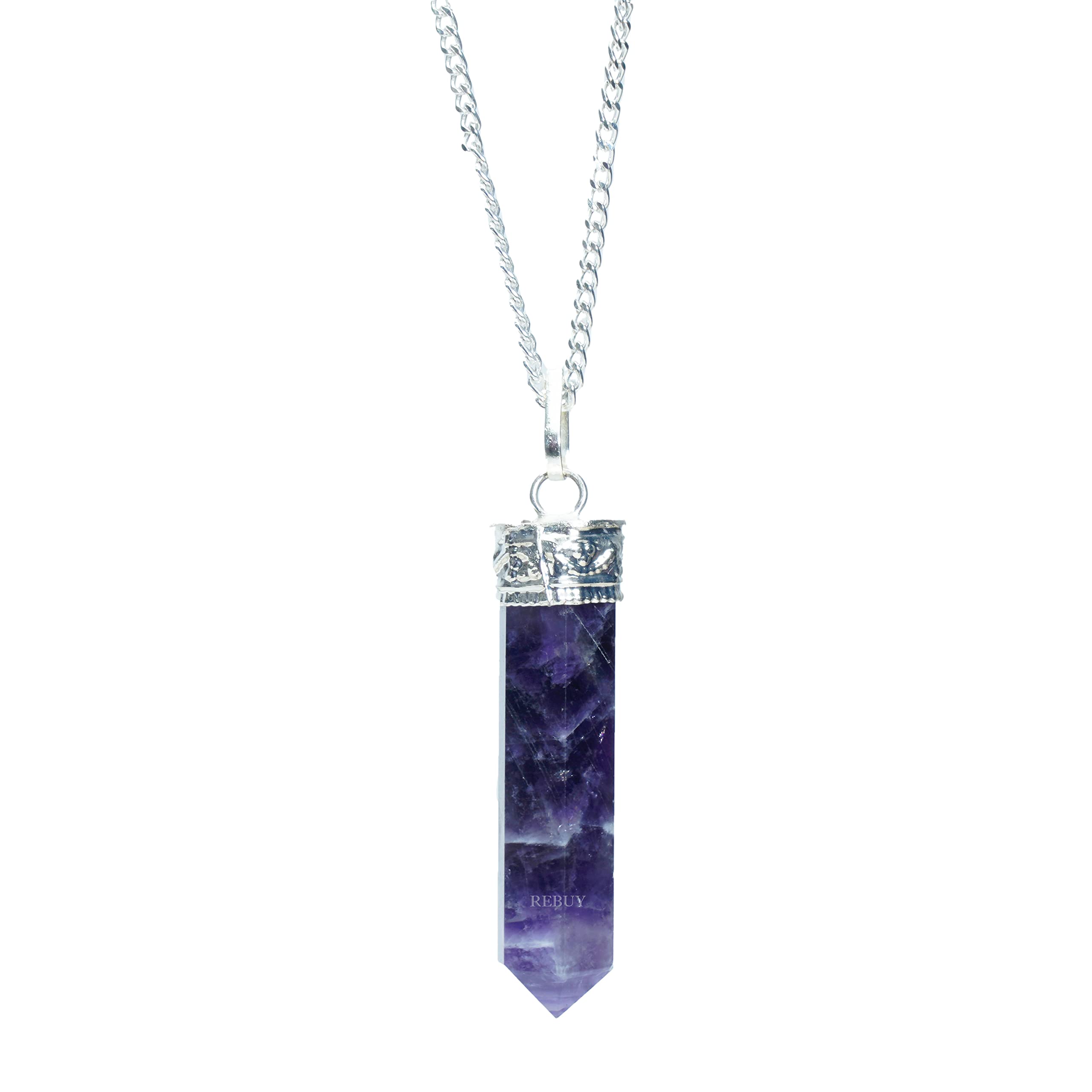 REBUYNatural Amethyst Pendant Crystal Pencil Shape Healing Gemstone with Chain | Jewellery Gift for Women & Men