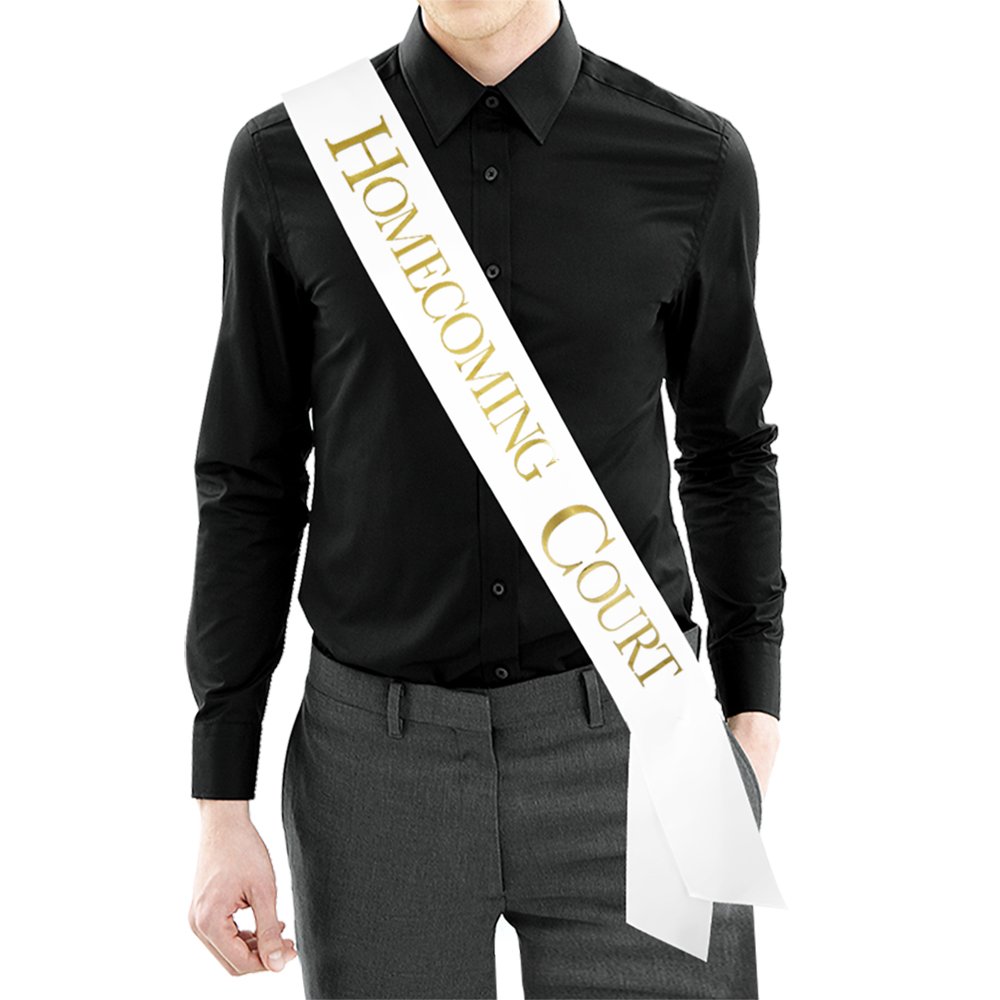 Homecoming Court Sash - White Satin Sash/Metallic Gold Print - Homecoming Party Decorations School Party Class of 2019 Homecoming Formal Supplies