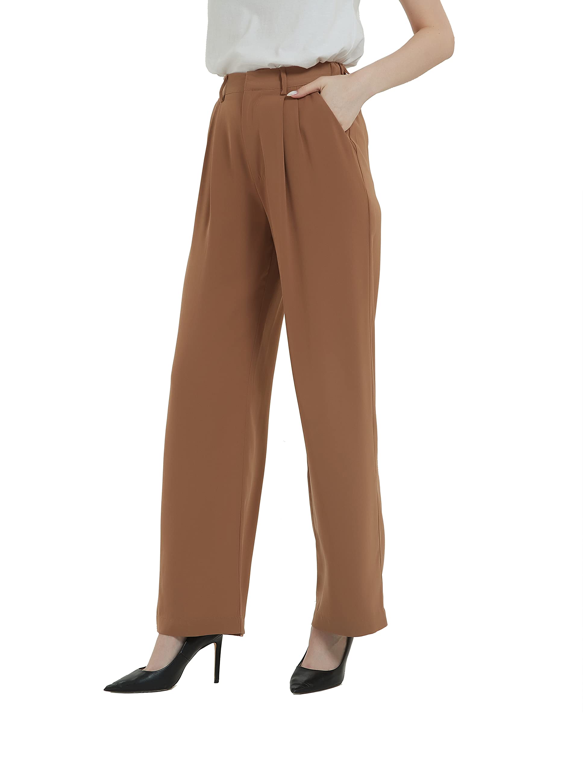 Women High Waist Casual Straight Leg Long Dress Pants Wide Leg Trousers Regular Waistband, Camel, 14