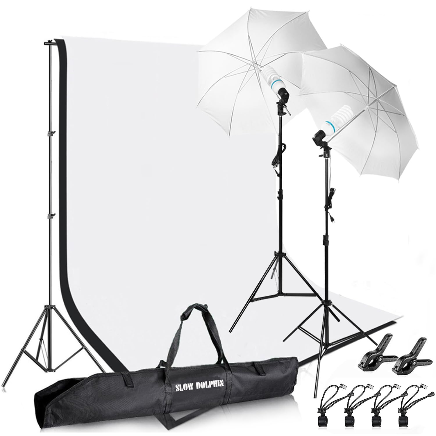 SLOW DOLPHIN Photography Photo Video Studio Background Stand Support Kit with Muslin Backdrop Kits (White Black),1050W 5500K Daylight Umbrella Lighting Kit