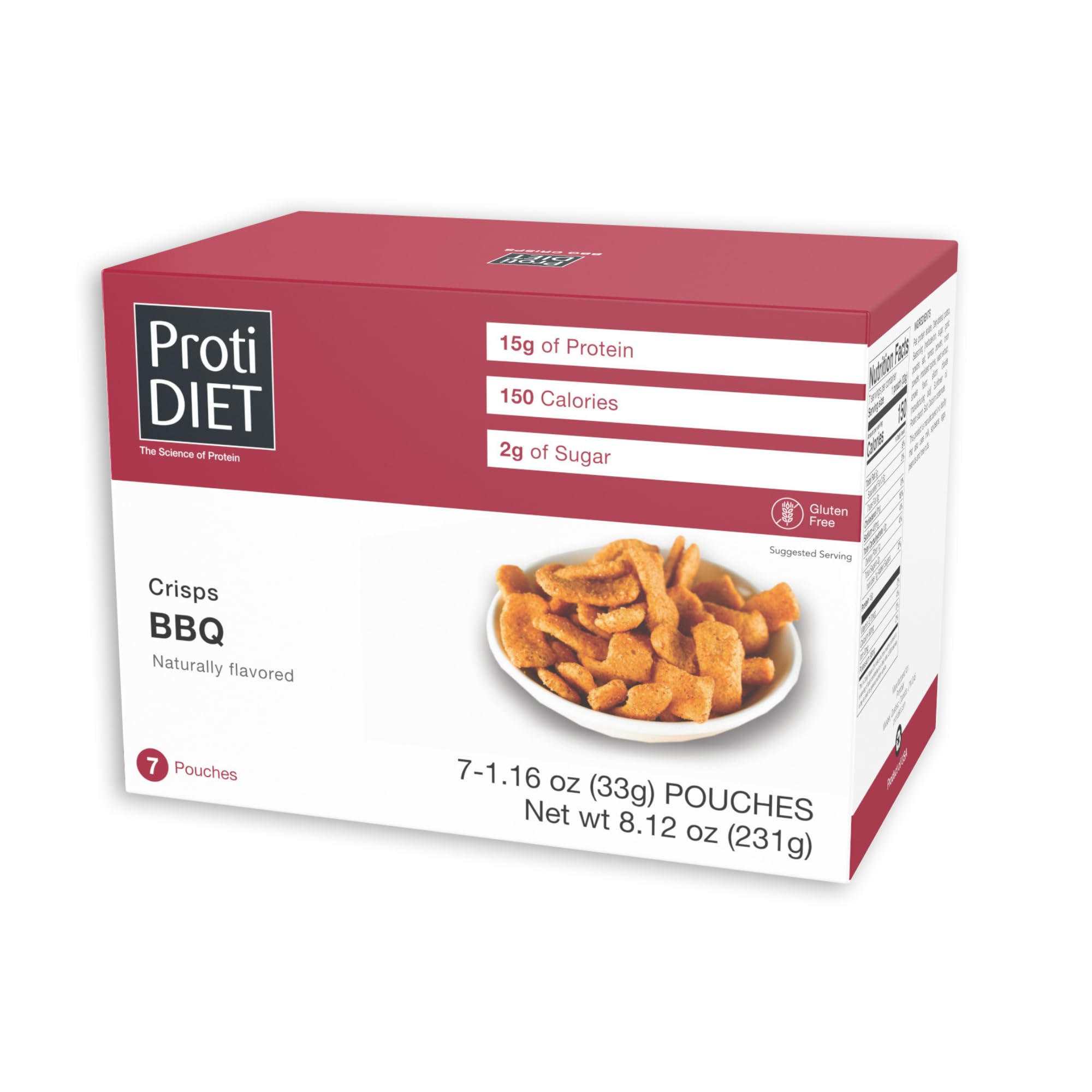 ProtiDIET BBQ High Protein Crisps - Gluten Free, Low Fat, Naturally Flavoured - Savory Healthy Snacks for Adults, Potato and Pea Guilt Free Enjoyment Crisp- 7 Pouch Protein Snacks