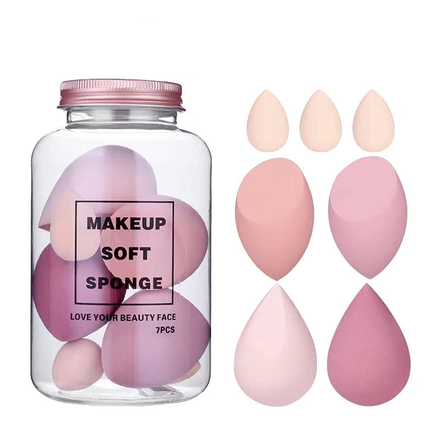 THR3E STROKES Makeup Sponge Set Beauty Blender with Egg Case, Soft Sponge For Liquid Foundation, Creams, and Powders, Latex Free Wet and Dry Makeup ( 4 Big + 3 Mini-7 Pcs set) (MULTICOLOUR,ASSORTED COLOUR) With Plastic Jar